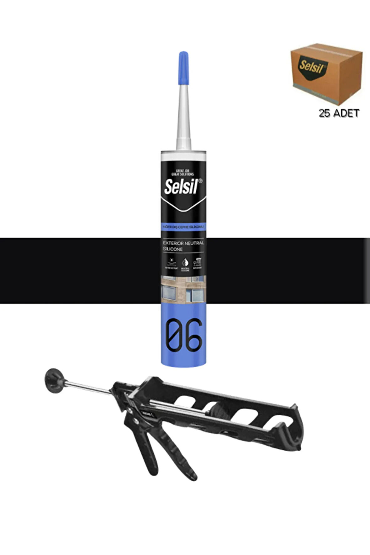 Selsil Nötr Cephe Silikonu 300 Ml Siyah (25 Adet), Plastik Tabanca