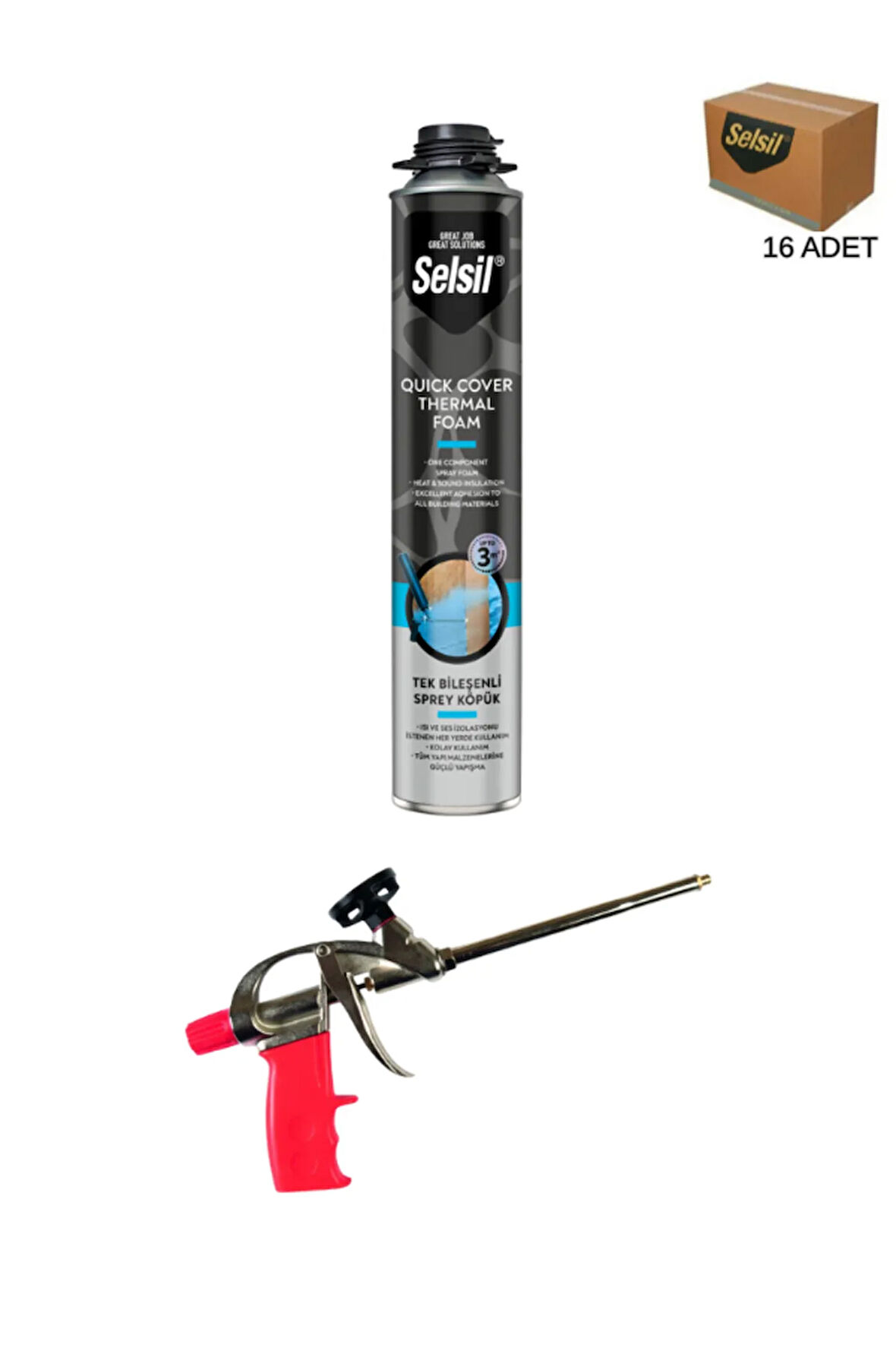 Selsil Thermal Foam Isı Ve Ses Yalıtım Köpüğü 850 Ml. (16 Adet),Demir Köpük Tabancası