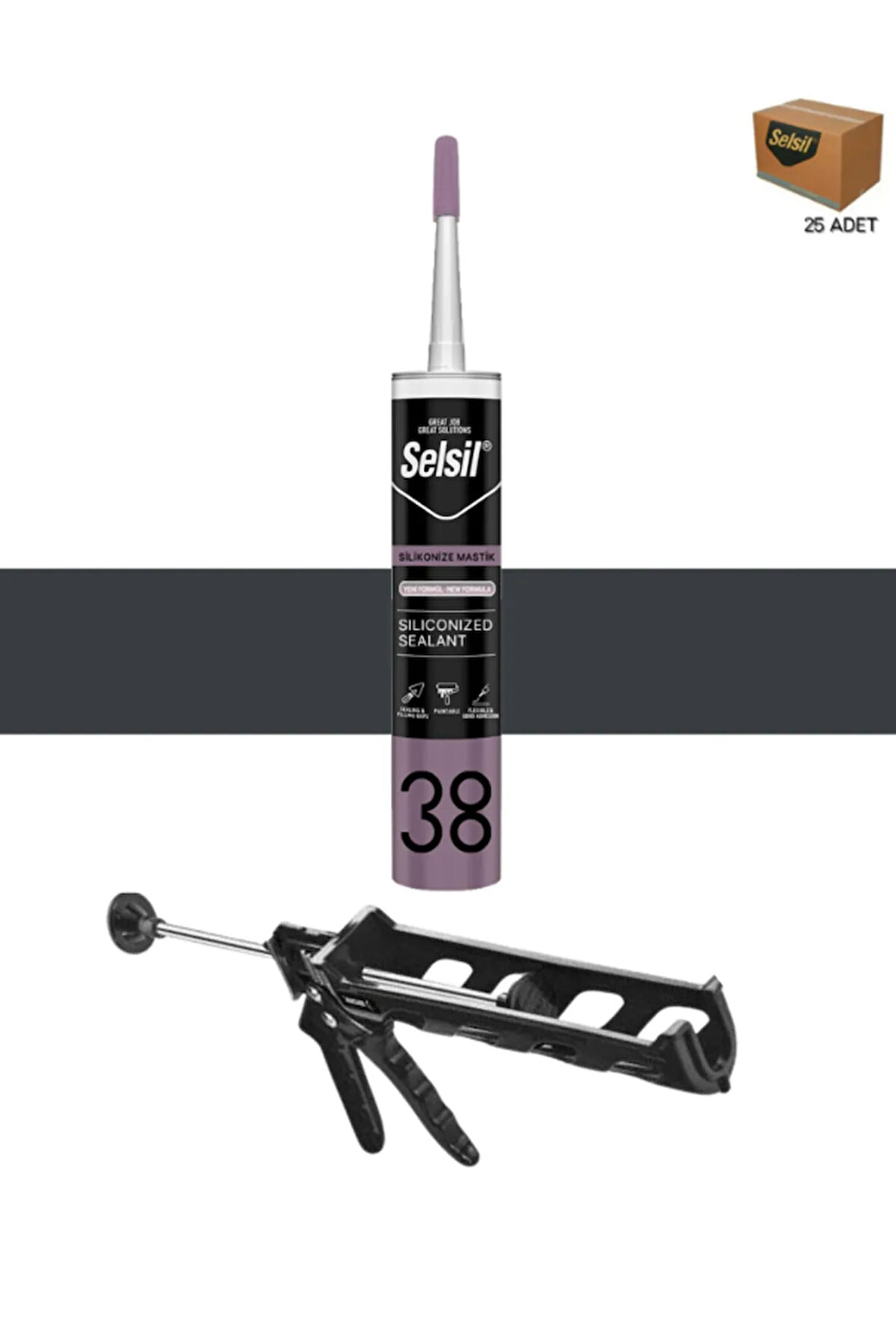 Selsil Silikonize Mastik 500 Gr Antrasit Gri (25 Adet), Plastik Tabanca