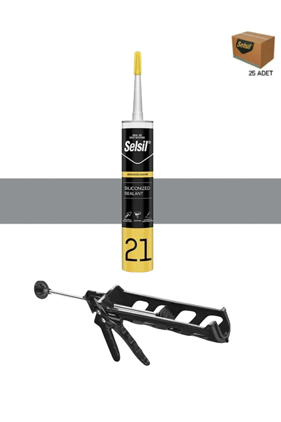 Selsil Silikonize Mastik 500 Gr Gri (25 Adet), Plastik Tabanca