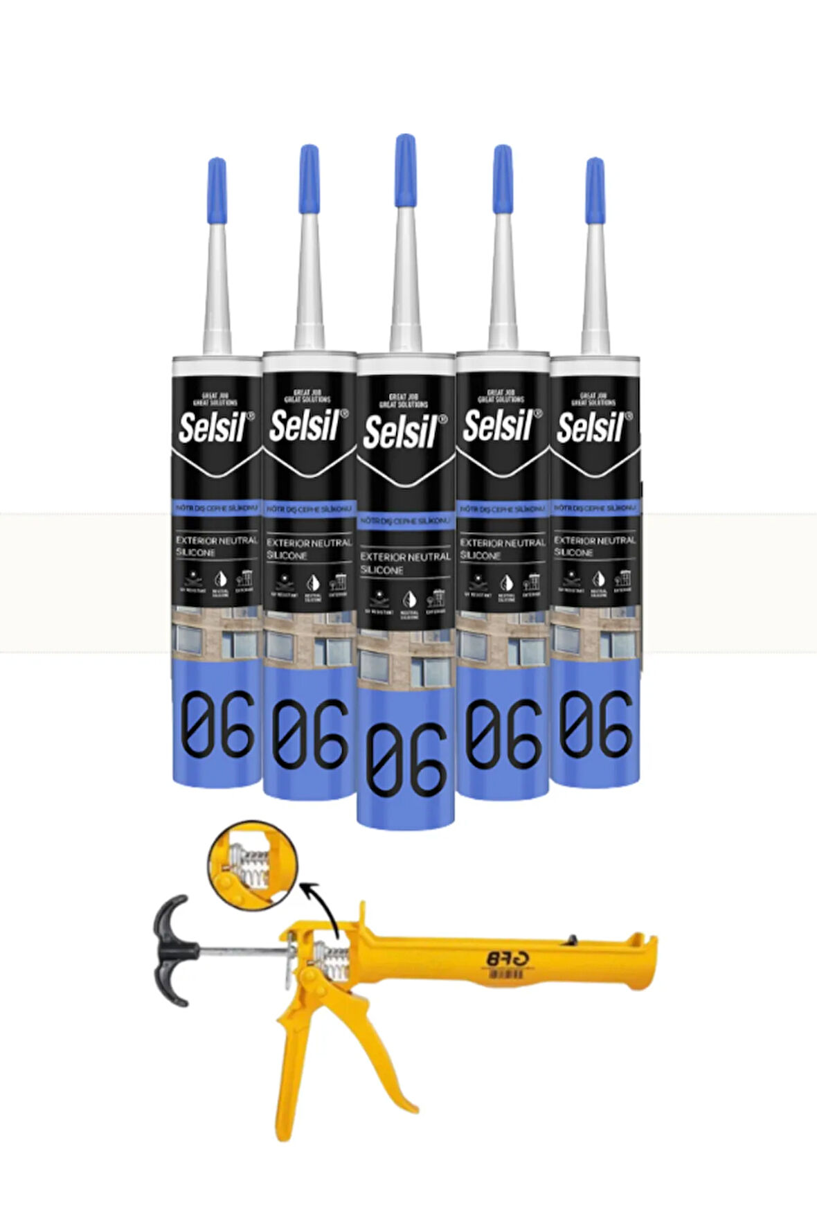 Selsil Nötr Cephe Silikonu 300 Ml Şeffaf (5 Adet),Alüminyum Tabanca