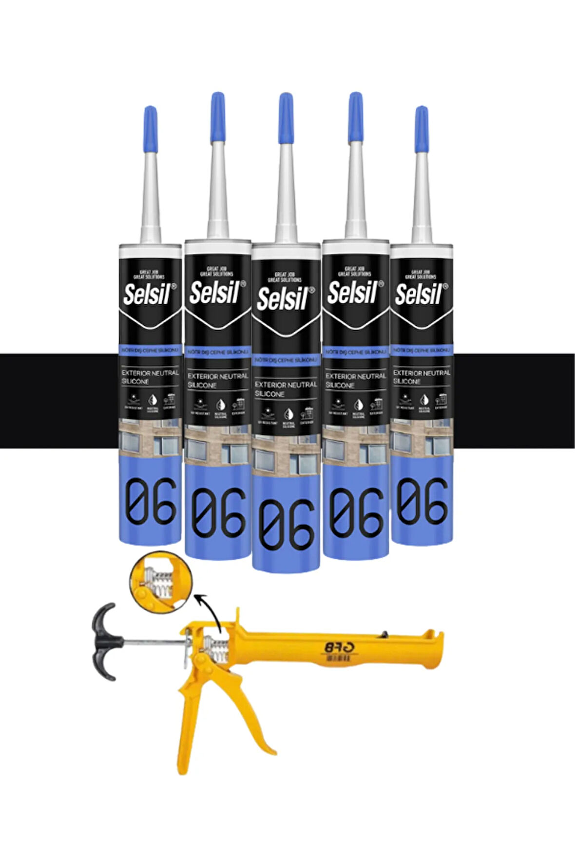 Selsil Nötr Cephe Silikonu 300 Ml Siyah (5 Adet),Alüminyum Tabanca