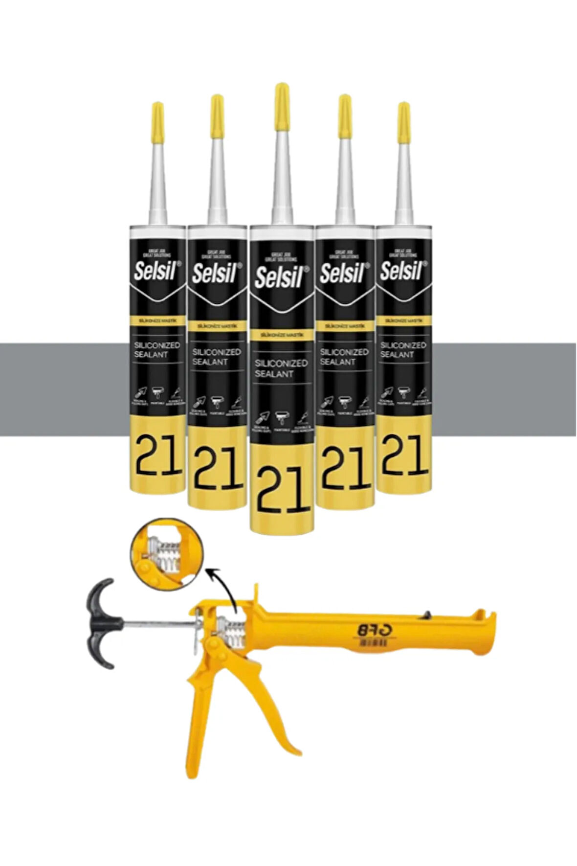 Selsil Silikonize Mastik 500 Gr Gri (5 Adet),Alüminyum Tabanca