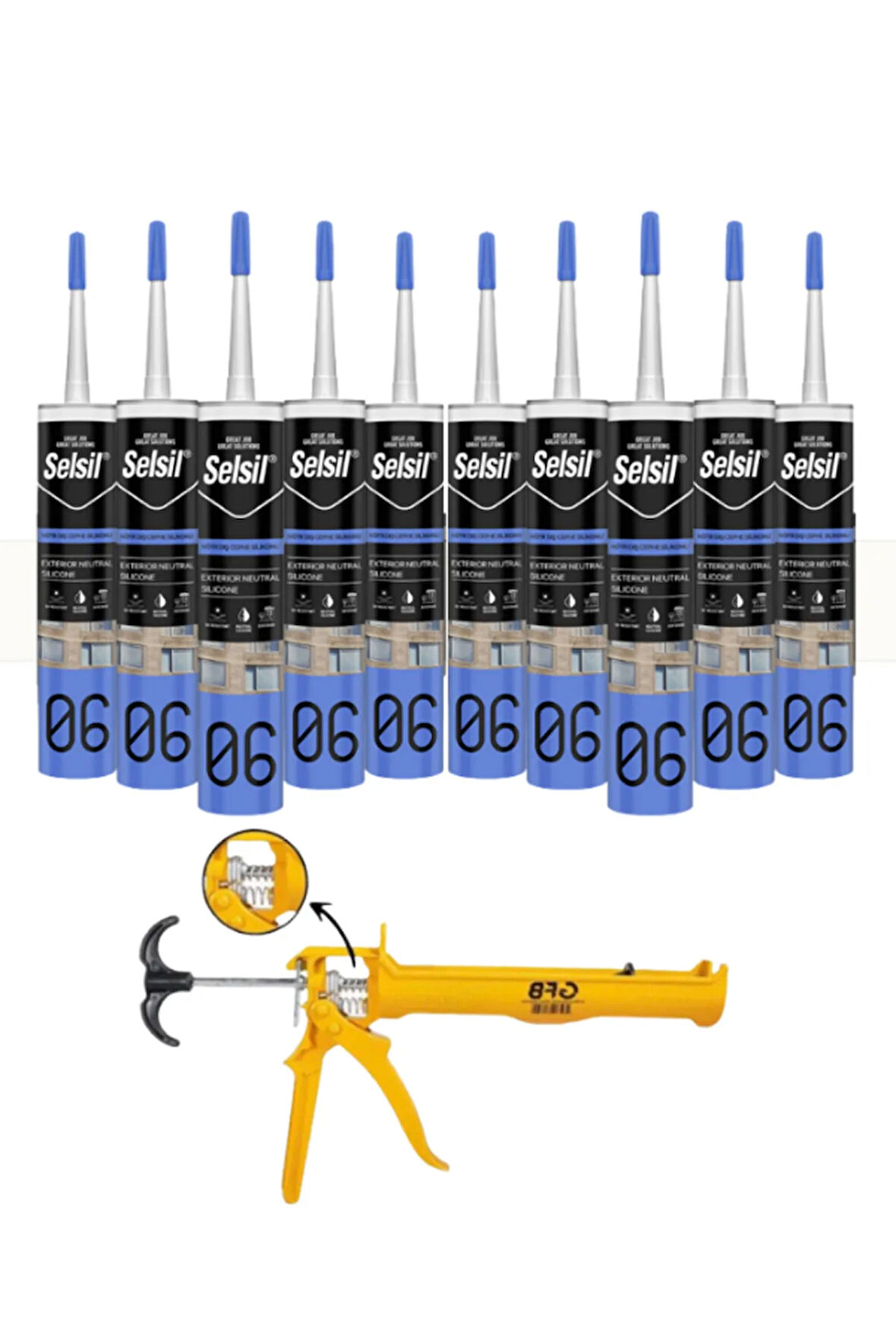 Selsil Nötr Cephe Silikonu 300 Ml Şeffaf (10 Adet),Alüminyum Tabanca