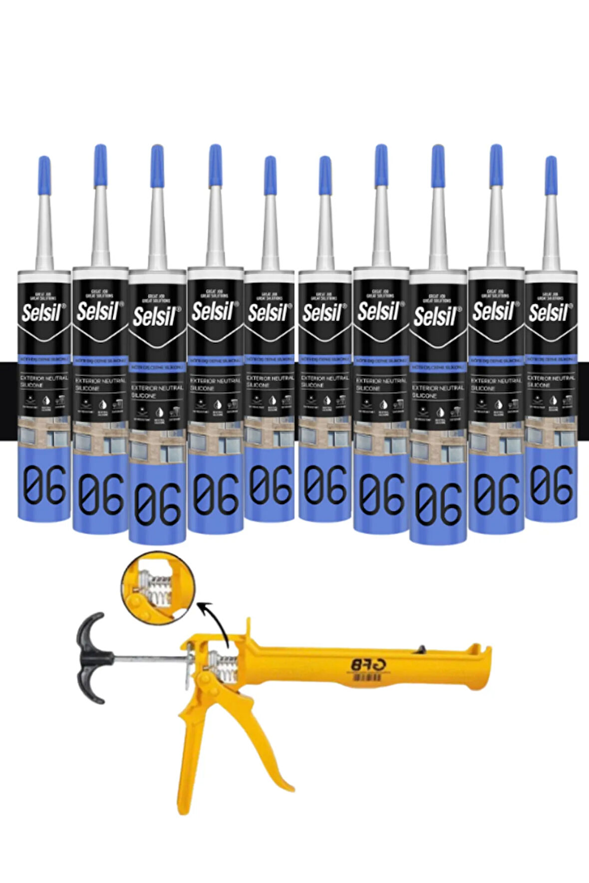 Selsil Nötr Cephe Silikonu 300 Ml Siyah (10 Adet),Alüminyum Tabanca