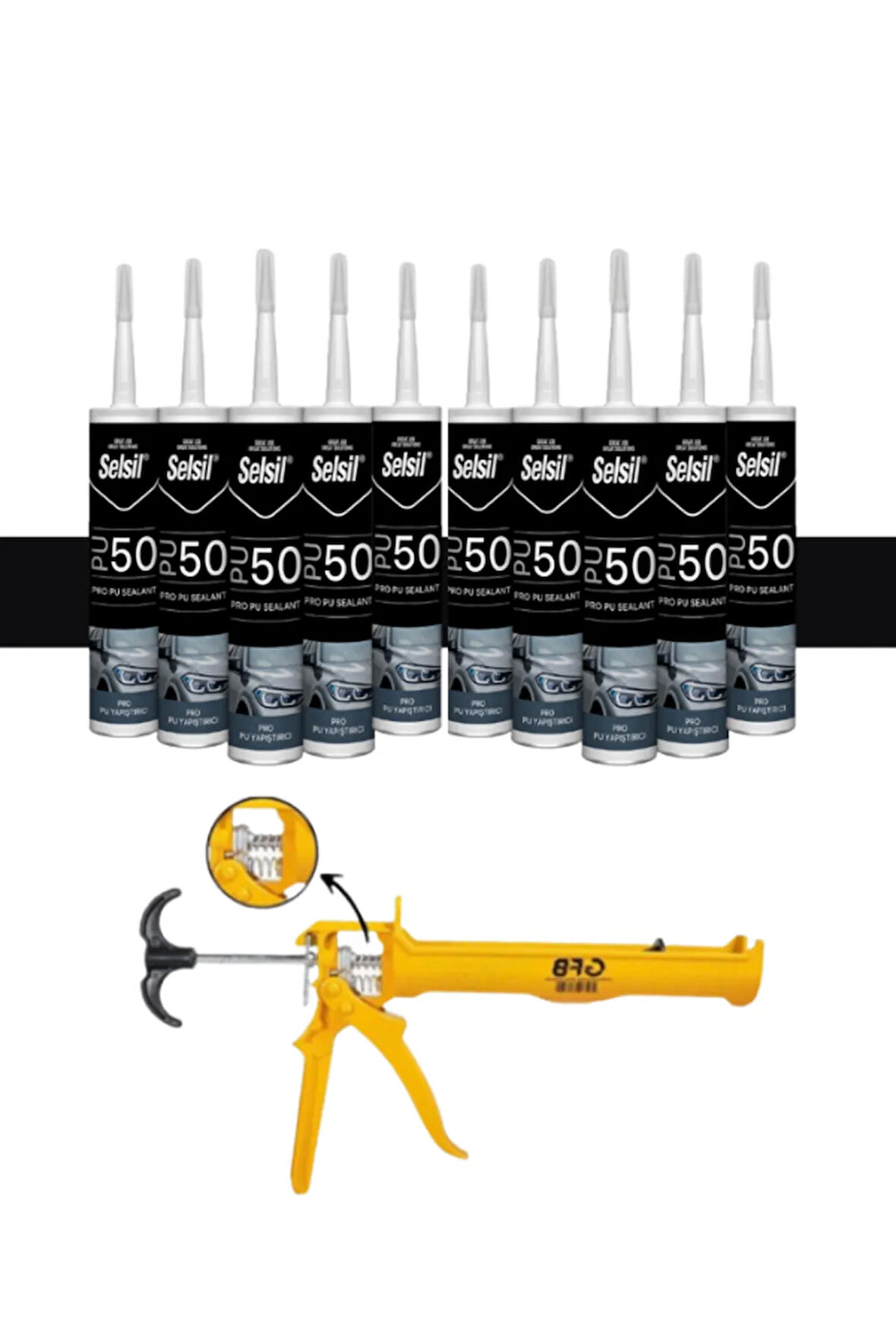 Selsil Pu Mastik 280 Ml Siyah (10 Adet),Alüminyum Tabanca