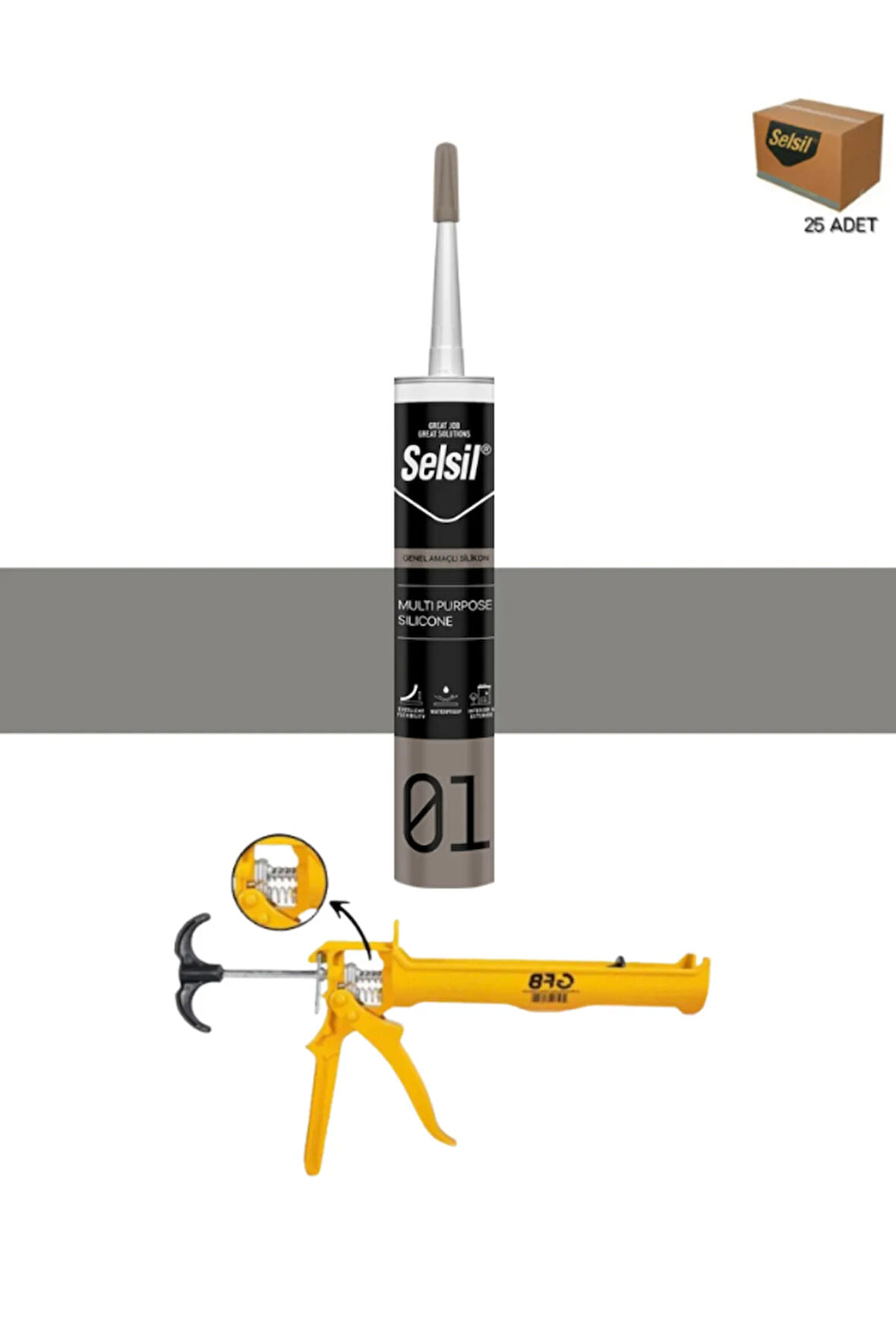 Selsil Ga Silikon 280 Gr. Alüminyum Gri (25 Adet),Alüminyum Tabanca