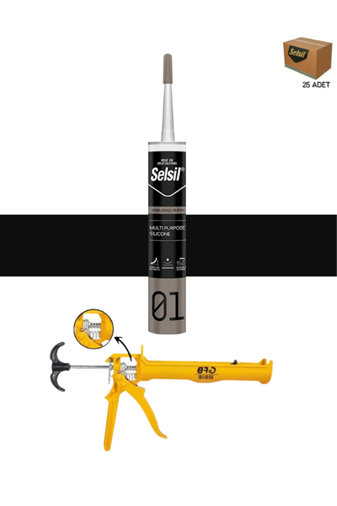 Selsil Ga Silikon 280 Gr. Siyah (25 Adet),Alüminyum Tabanca
