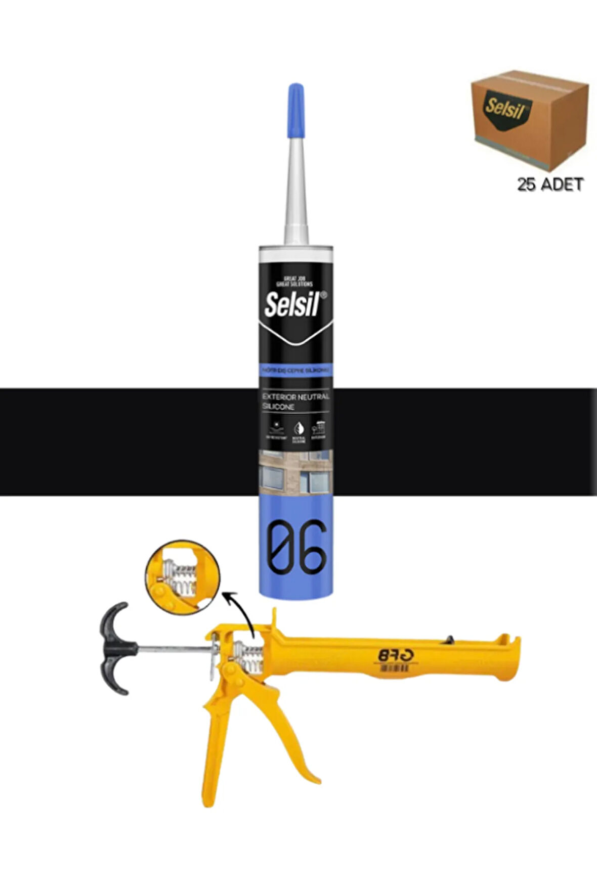 Selsil Nötr Cephe Silikonu 300 Ml Siyah (25 Adet),Alüminyum Tabanca