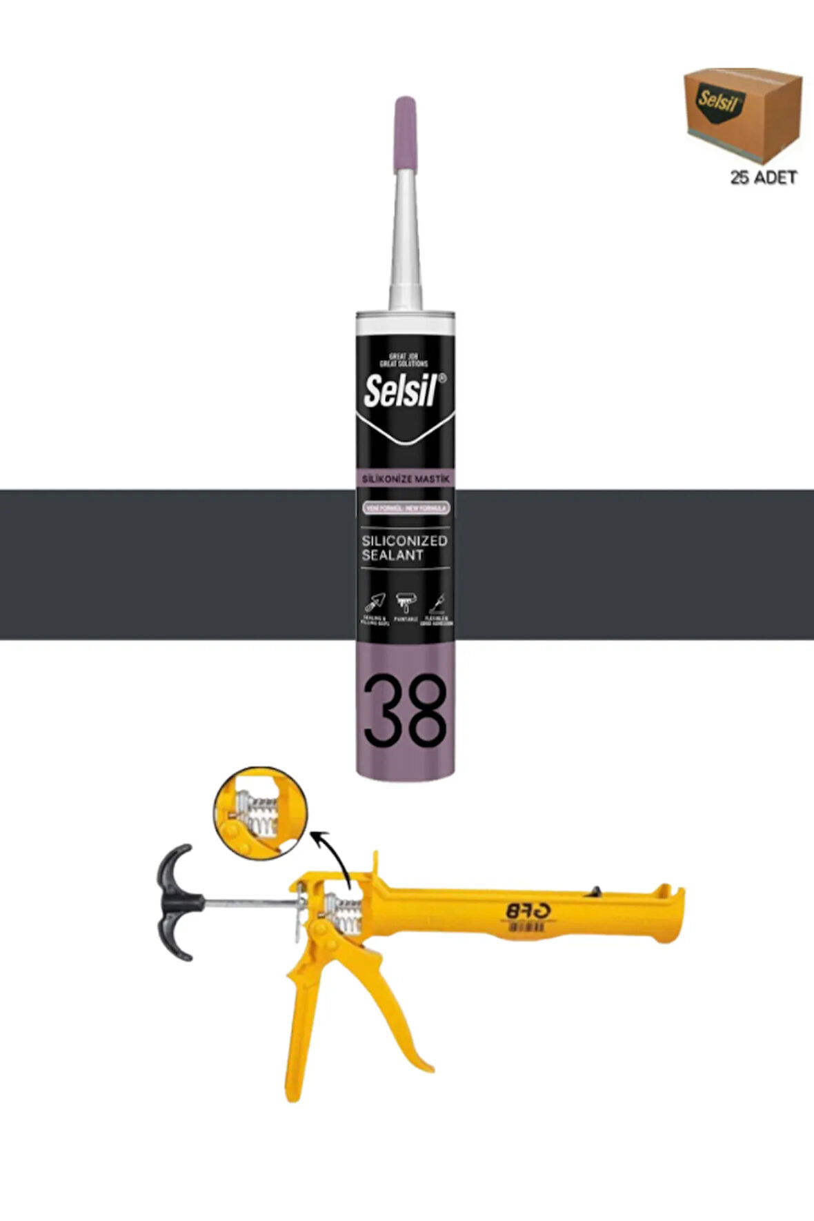 Selsil Silikonize Mastik 500 Gr Antrasit Gri (25 Adet),Alüminyum Tabanca