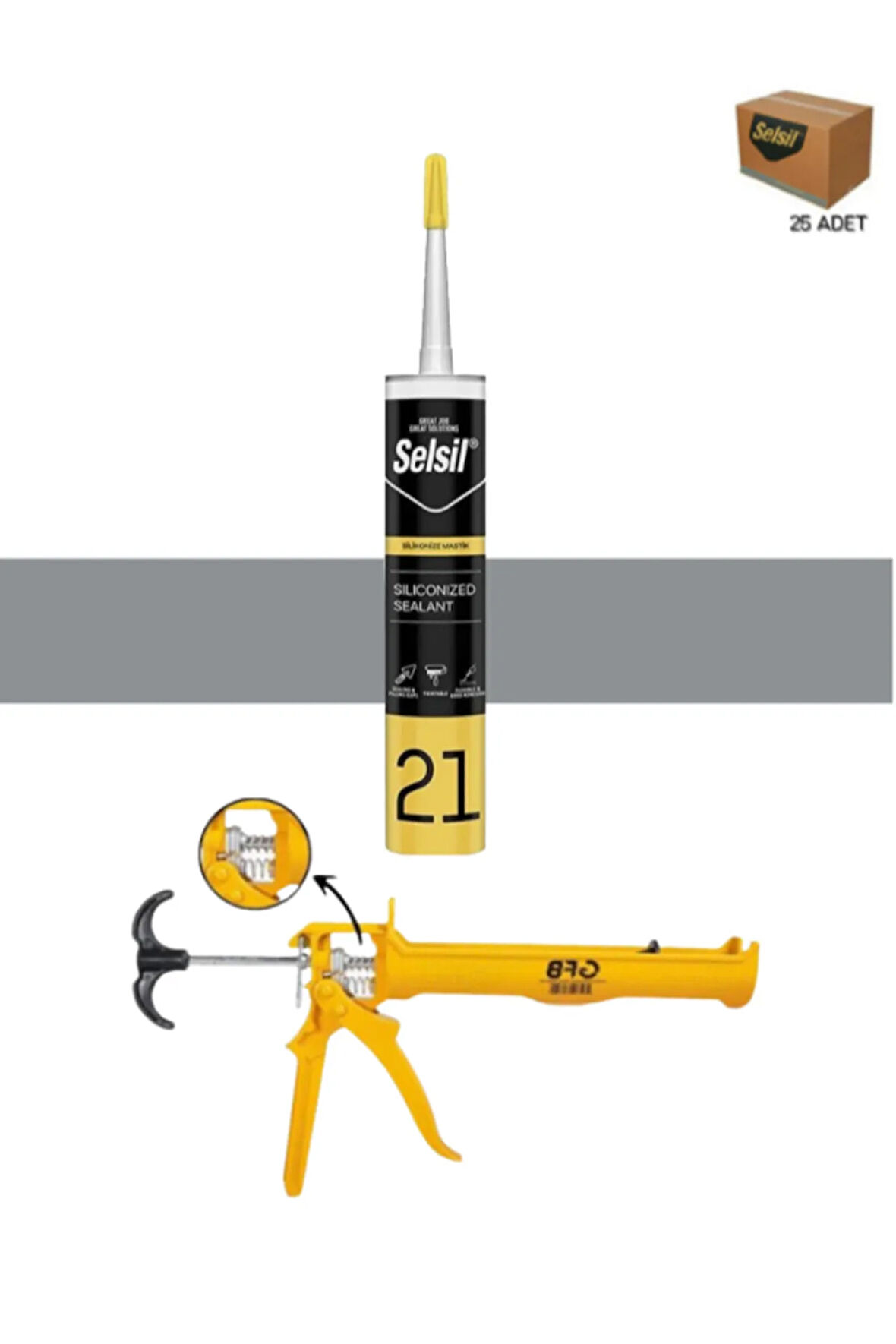 Selsil Silikonize Mastik 500 Gr Gri (25 Adet),Alüminyum Tabanca