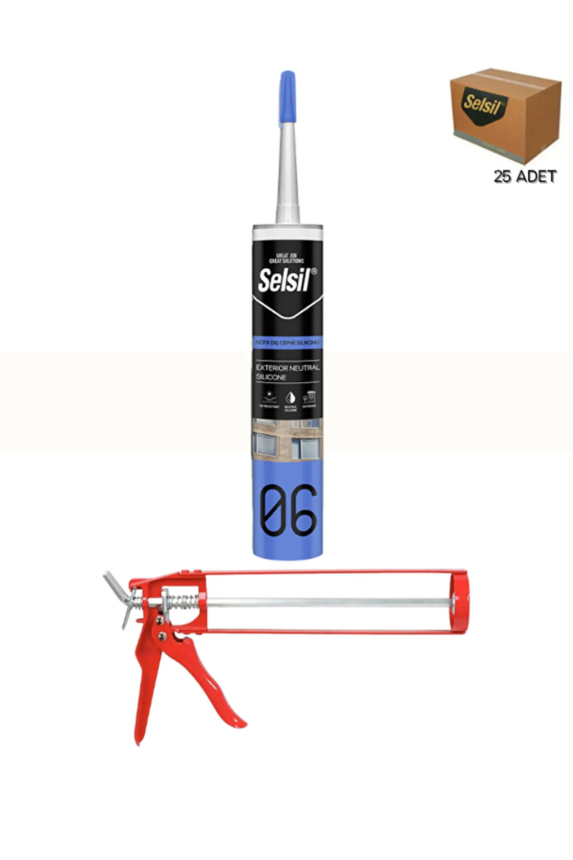 Selsil Nötr Cephe Silikonu 300 Ml Şeffaf (25 Adet),Demir Tabanca