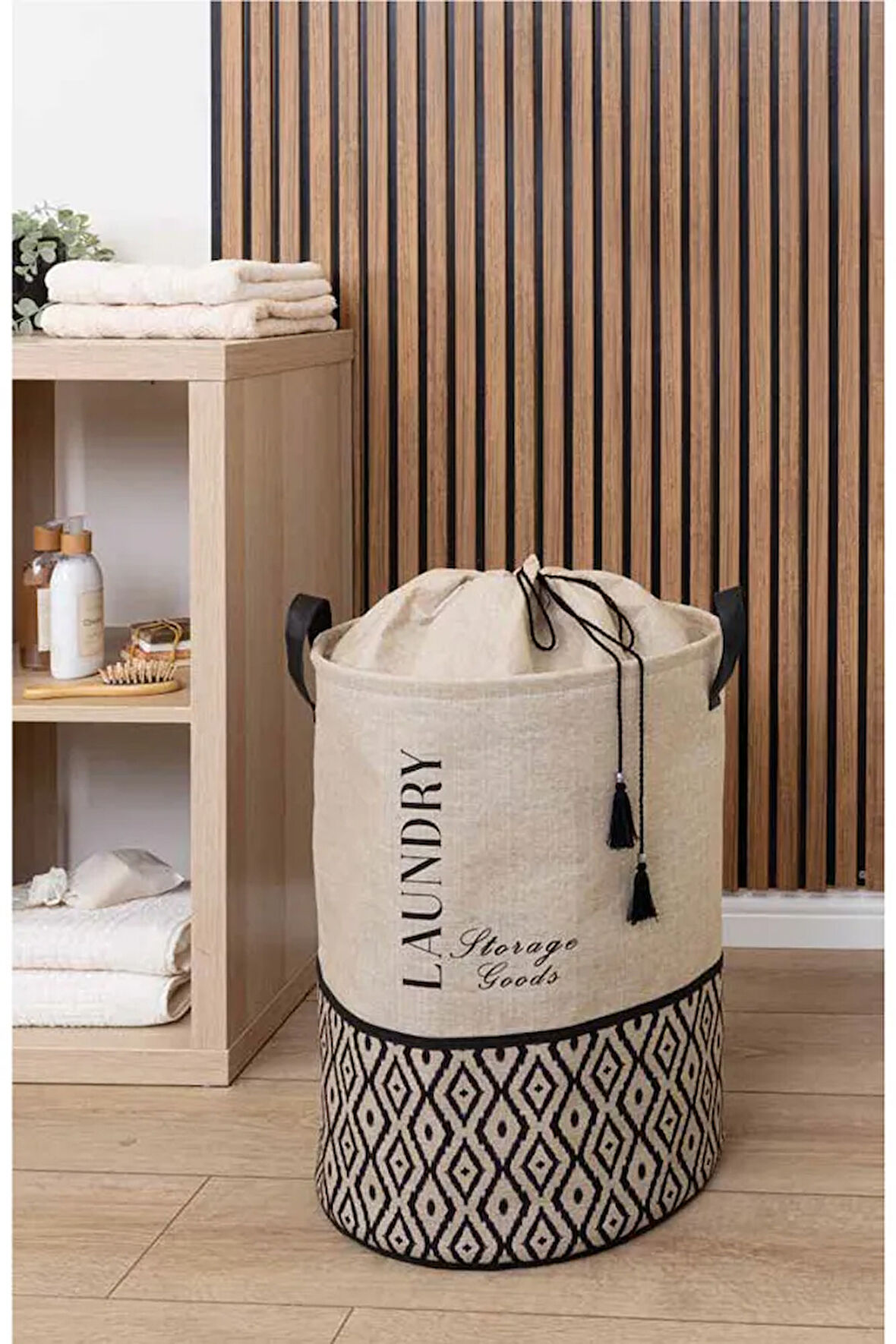 Bej Kumaş Büzgülü Katlanır Kirli Çamaşır Sepeti-Çocuk Oyuncak Düzenleyici Çok Amaçlı 35x35x50cm