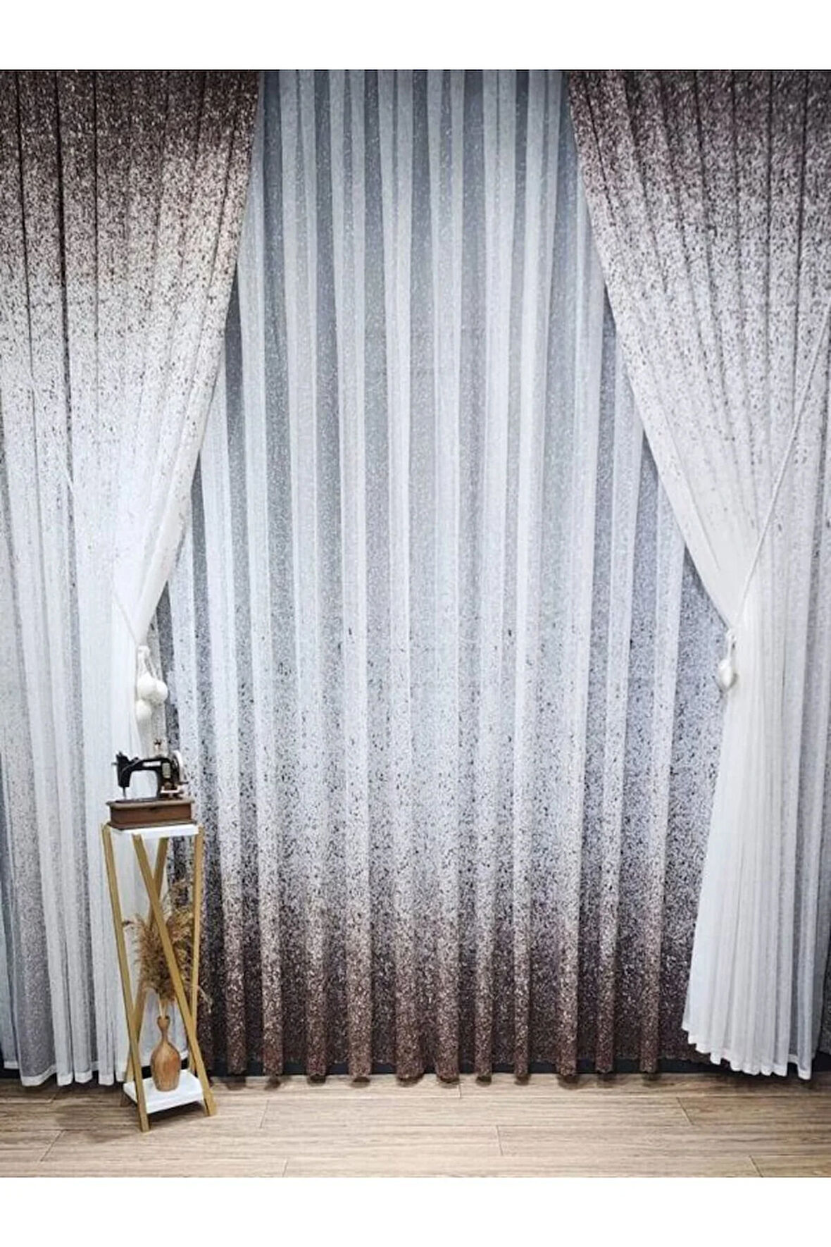 Yeni Tasarım Üst Renkli Kahverengi-Vizon Serpinti  Tül Ve Sağ/Sol Takım Tül Fon Perde