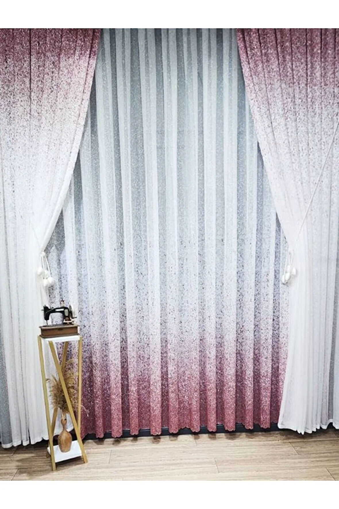 Yeni Tasarım Üst Renkli Pembe-Pudra Serpinti Tül Ve Sağ/Sol Takım Tül Fon Perde