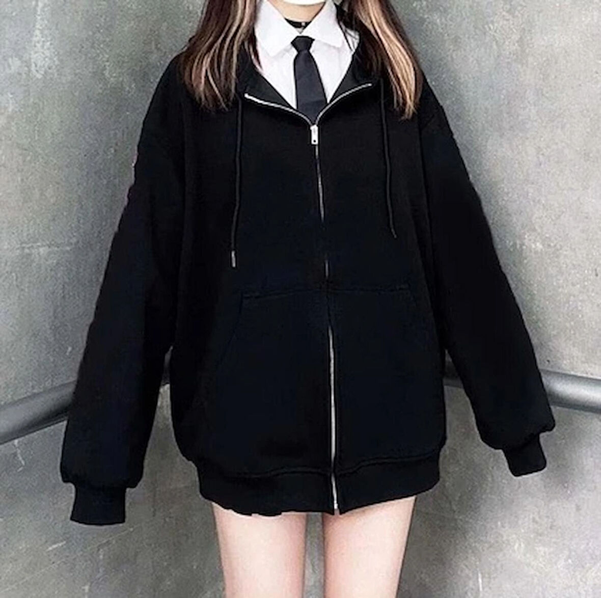 Sercom Düz Oversize Siyah Orta Kalın Fermuarlı (Unisex) Kapşonlu