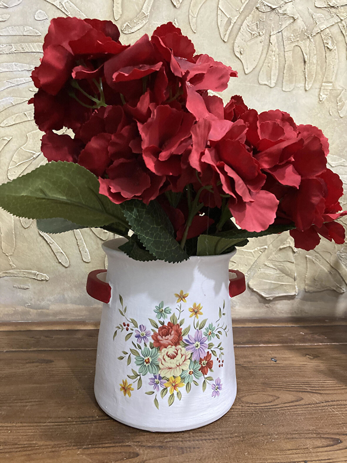 Kulplu Saksı,Vazo Çiçek Desenli