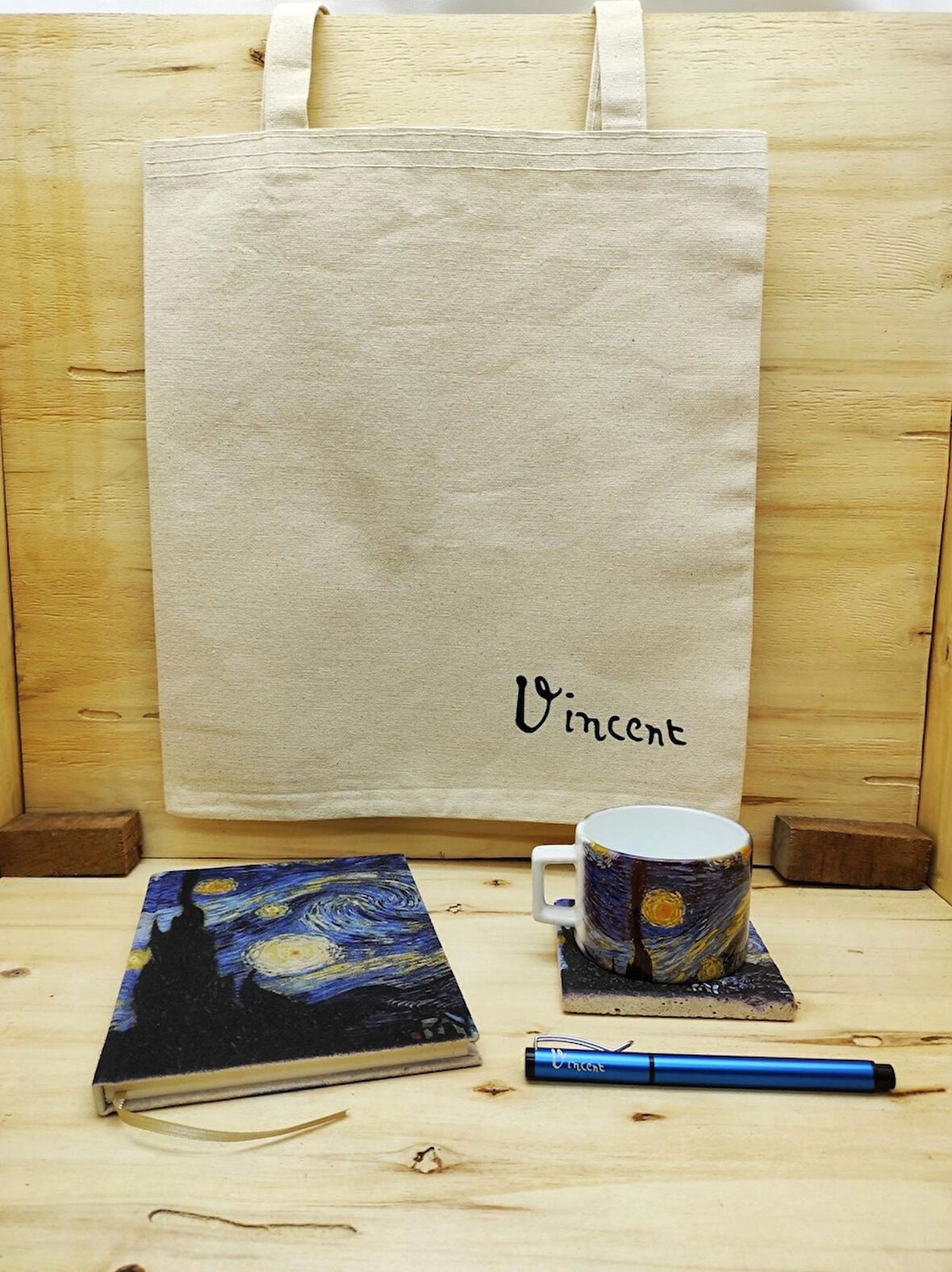 Vincent Van Gogh Set 5 - Çay/kahve Fincanı Traverten Bardak Altlığı Kalem Defter Kanvas Çanta 1