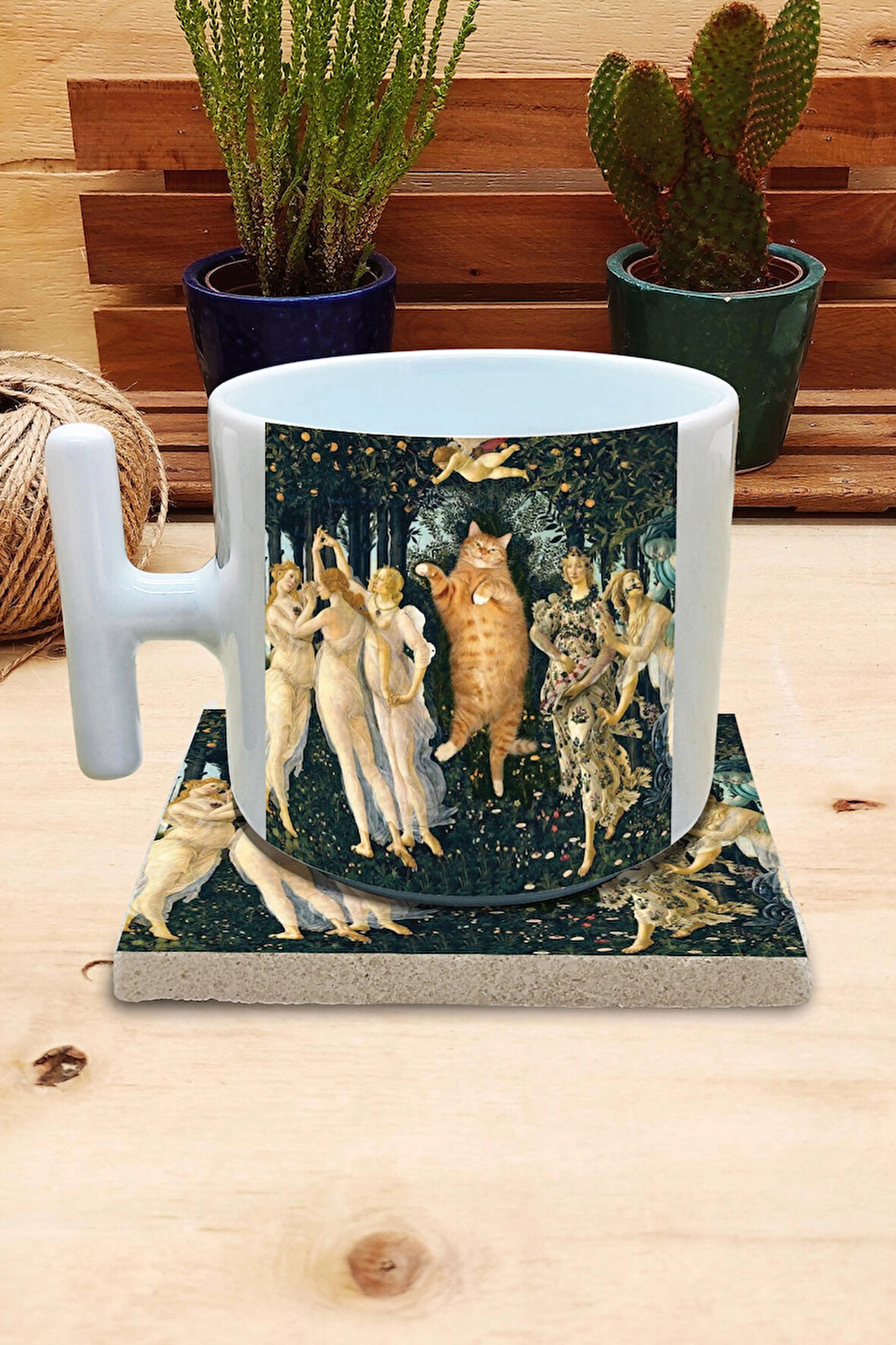 Kediler Ve Sanat/sandro Boticelli Primavera Set 9 - T Kulplu Fincan Kupa Taş Bardak Altlığı 2