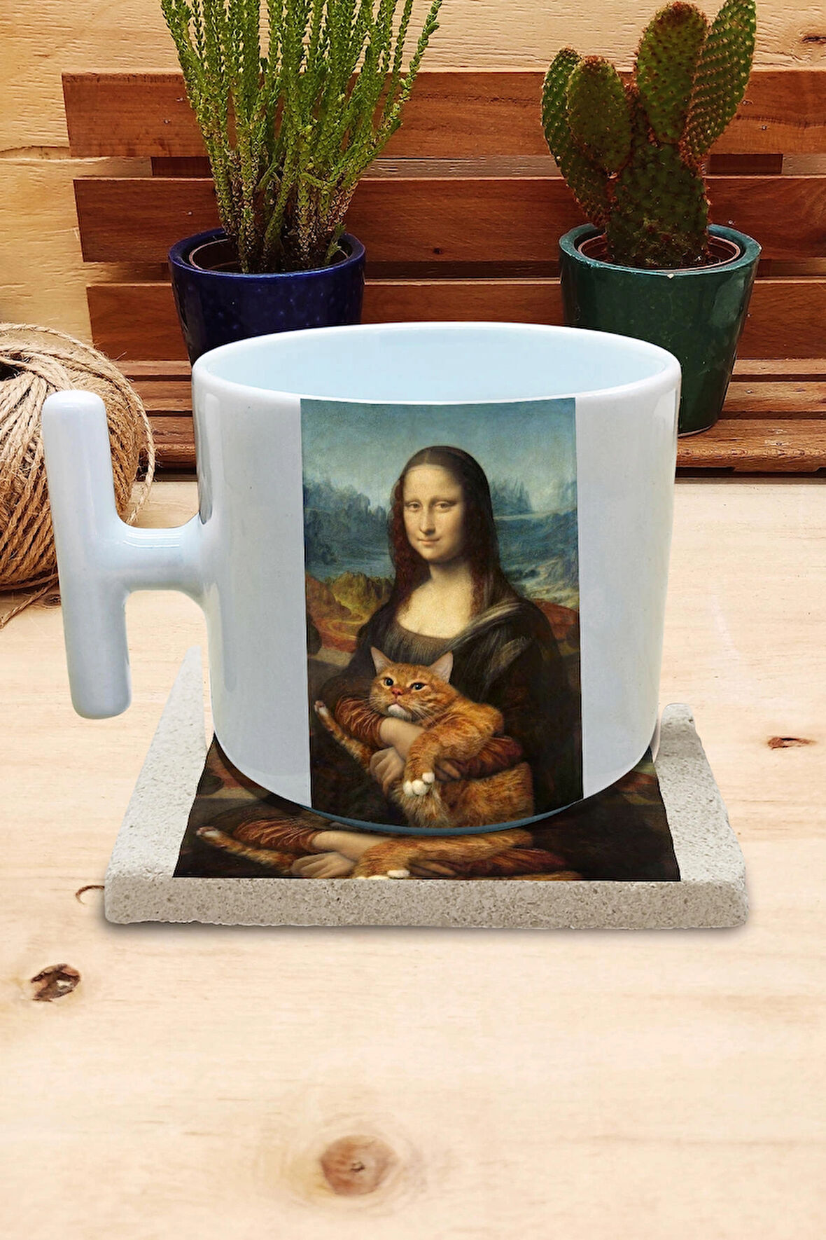 Kediler Ve Sanat/leonardo Da Vinci Mona Lisa Set 9 - T Kulplu Fincan Kupa Taş Bardak Altlığı 1