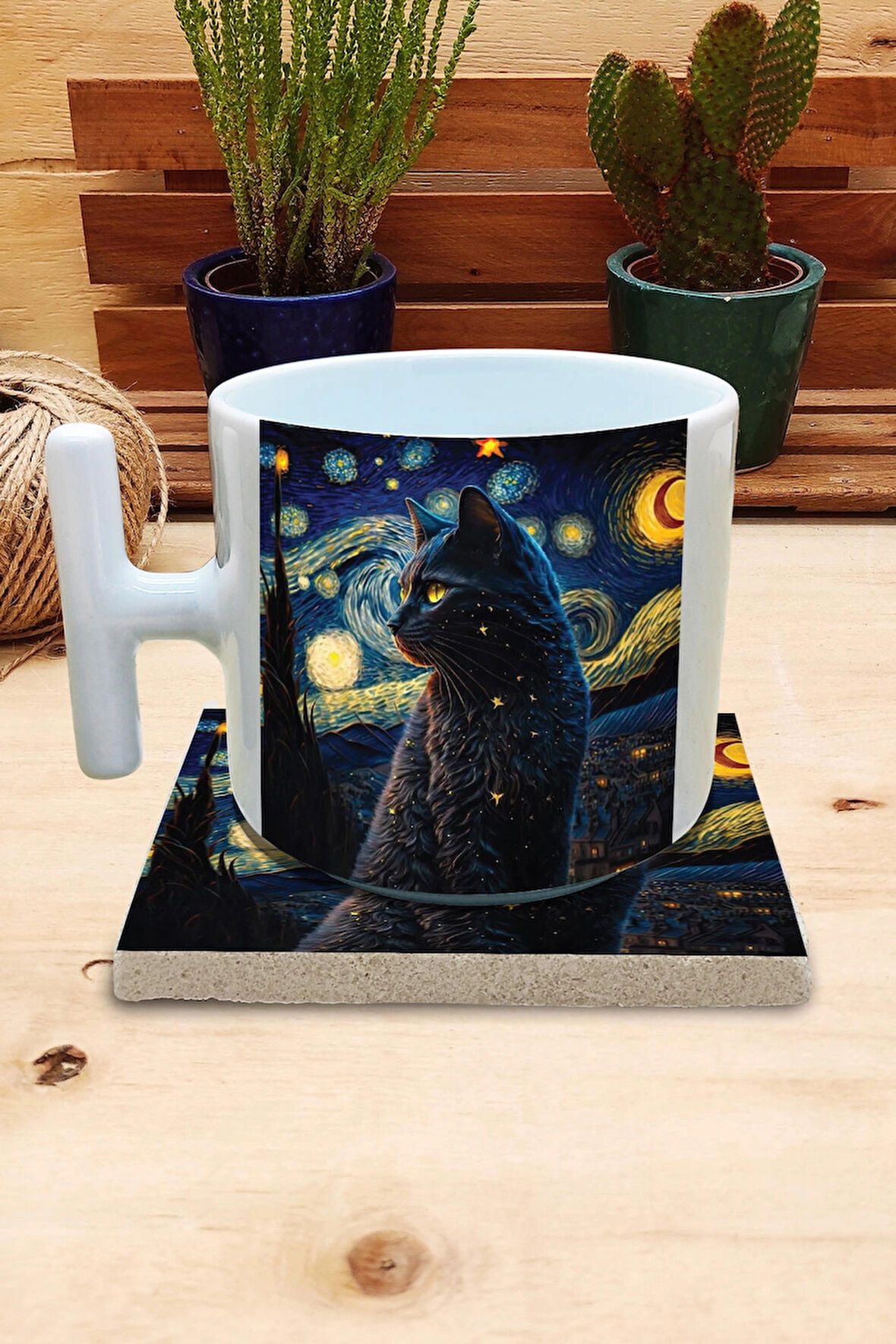 Kediler Ve Sanat/van Gogh Yıldızlı Gece Set 9 - T Kulplu Fincan Kupa Taş Bardak Altlığı 8
