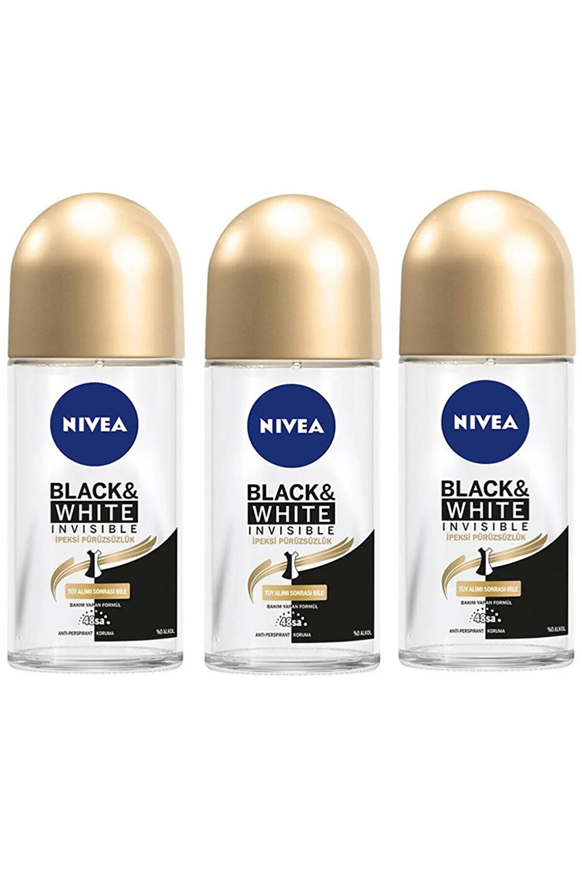 Nivea Kadın Roll On Invisible Black White İpeksi Pürüzsüzlük 50 ML - 3'lü Avantaj Paketi