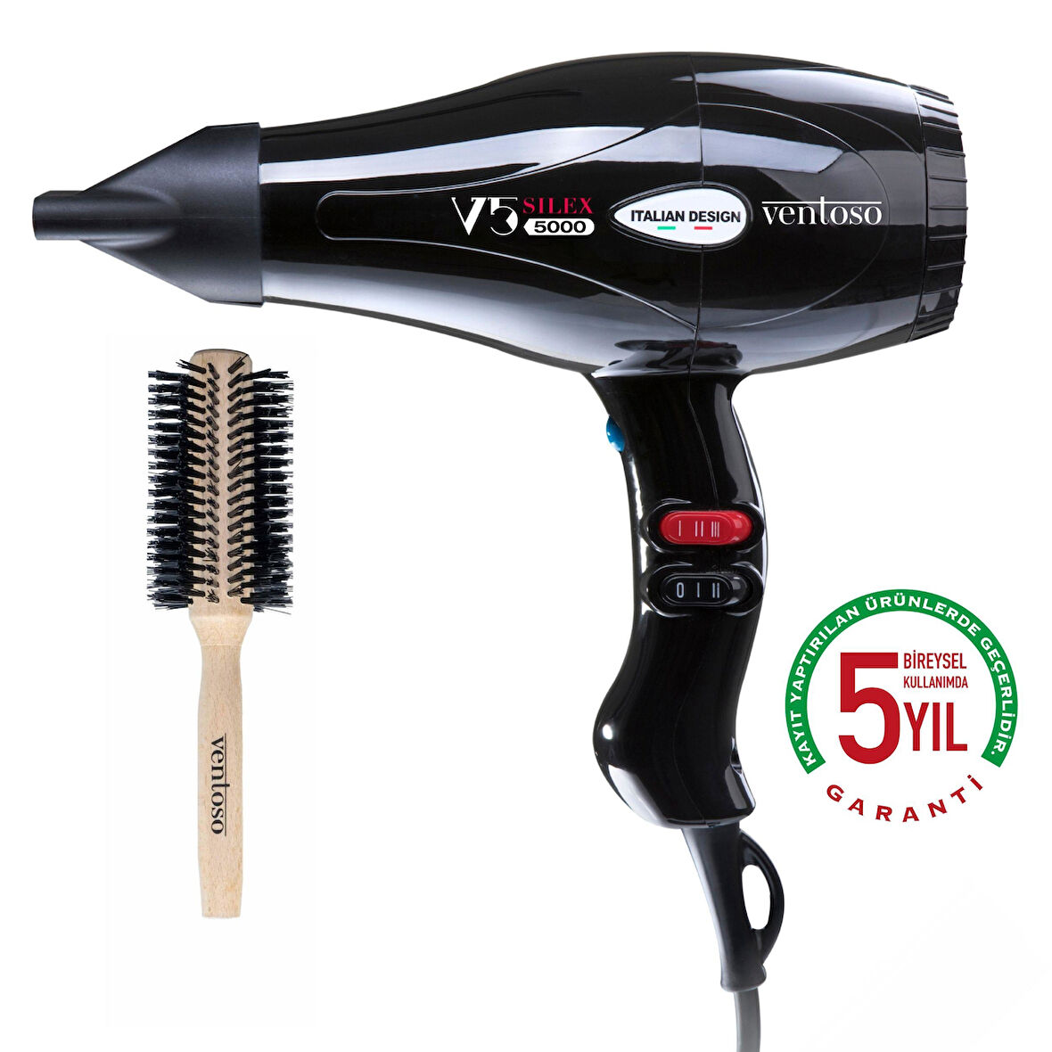 Ventoso V5 Silex5000 2500 W Profesyonel Fön Makinesi Siyah Ahşap Fön Fırçalı