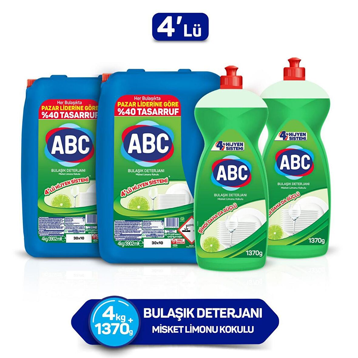 Abc Misket Limonlu Sıvı Elde Yıkama Deterjanı 2 x 4 kg + 2 x 1370 gr 