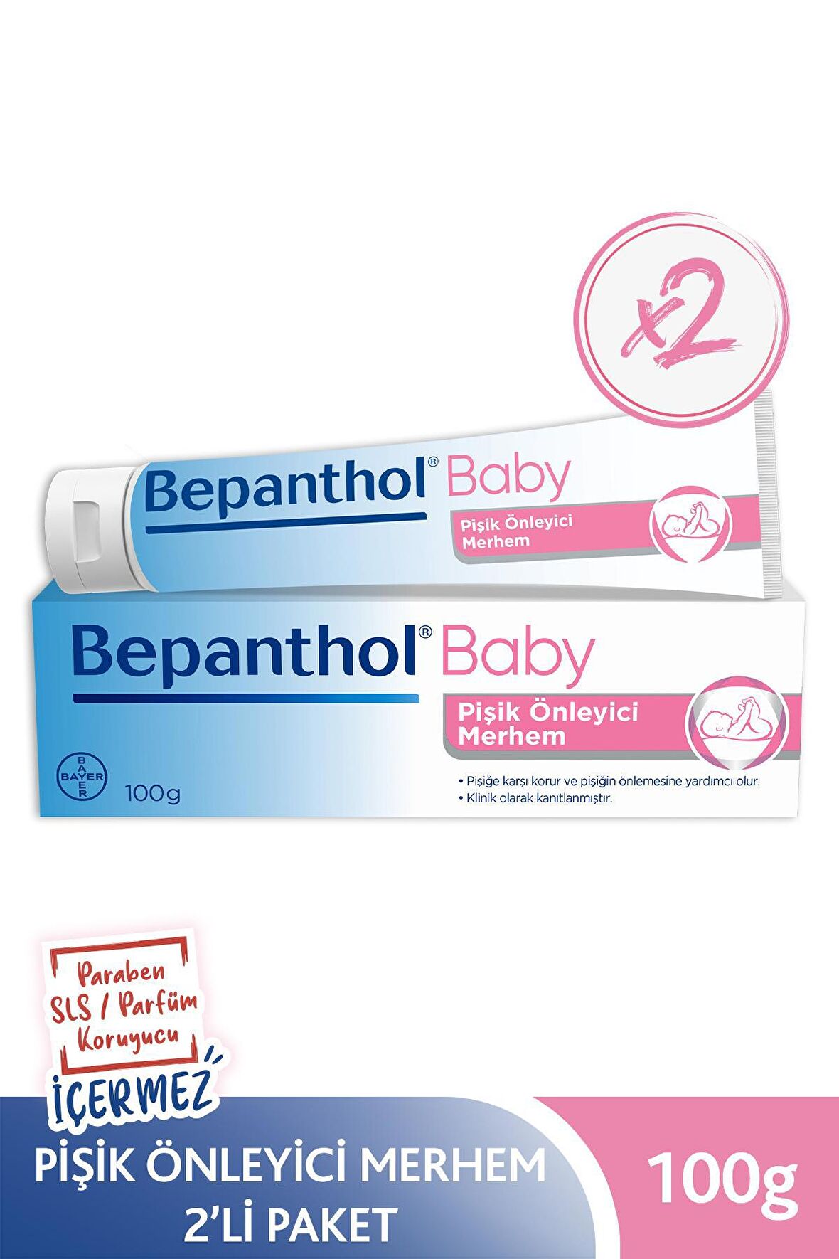 Bepanthol Baby Pişik Önleyici Merhem 100 gr 2li Paket l Parapen, SLS, Parfüm, Koruyucu İçermez