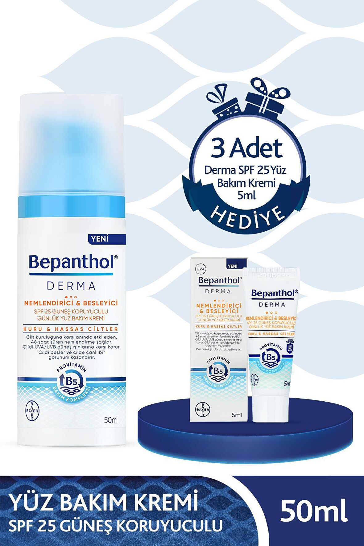 Bepanthol Derma SPF 25 Yüz Bakım Kremi + 3 Adet Derma SPF 25 Yüz Bakım Kremi 5ml Hediyeli