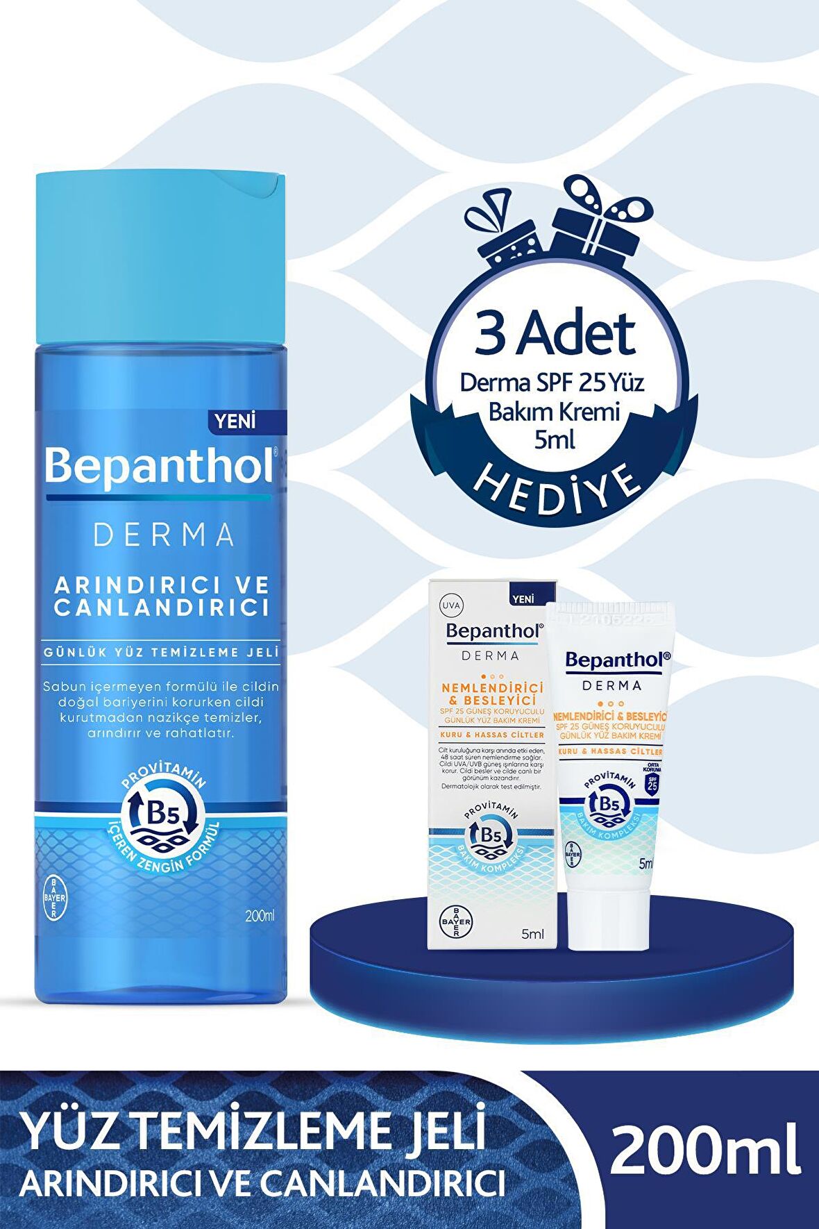 Bepanthol Derma Yüz Temizleme Jeli + 3 Adet Derma SPF 25 Yüz Bakım Kremi 5ml Hediyeli