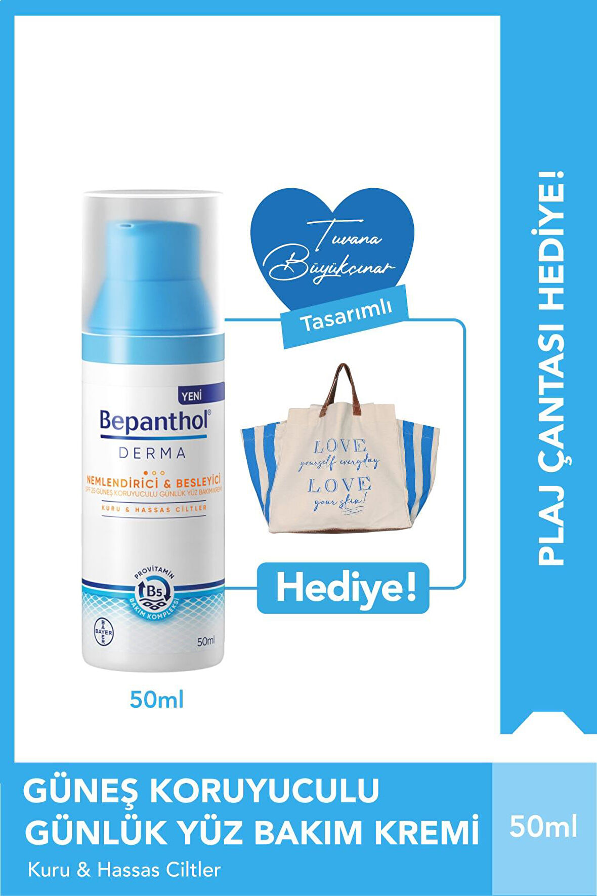 Bepanthol Derma 50 ml Nemlendirici & Besleyici SPF 25 Günlük Yüz Kremi + Tuvana Çanta Hediye