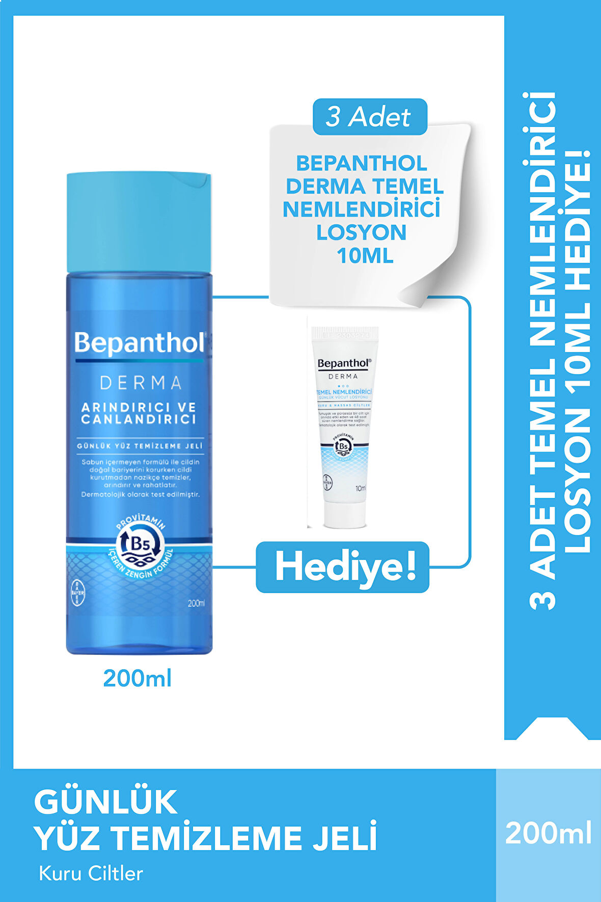 Bepanthol Derma Günlük Yüz Temizleme Jeli 200 ml & 3 adet Temel Nemlendirici Losyon 10ml