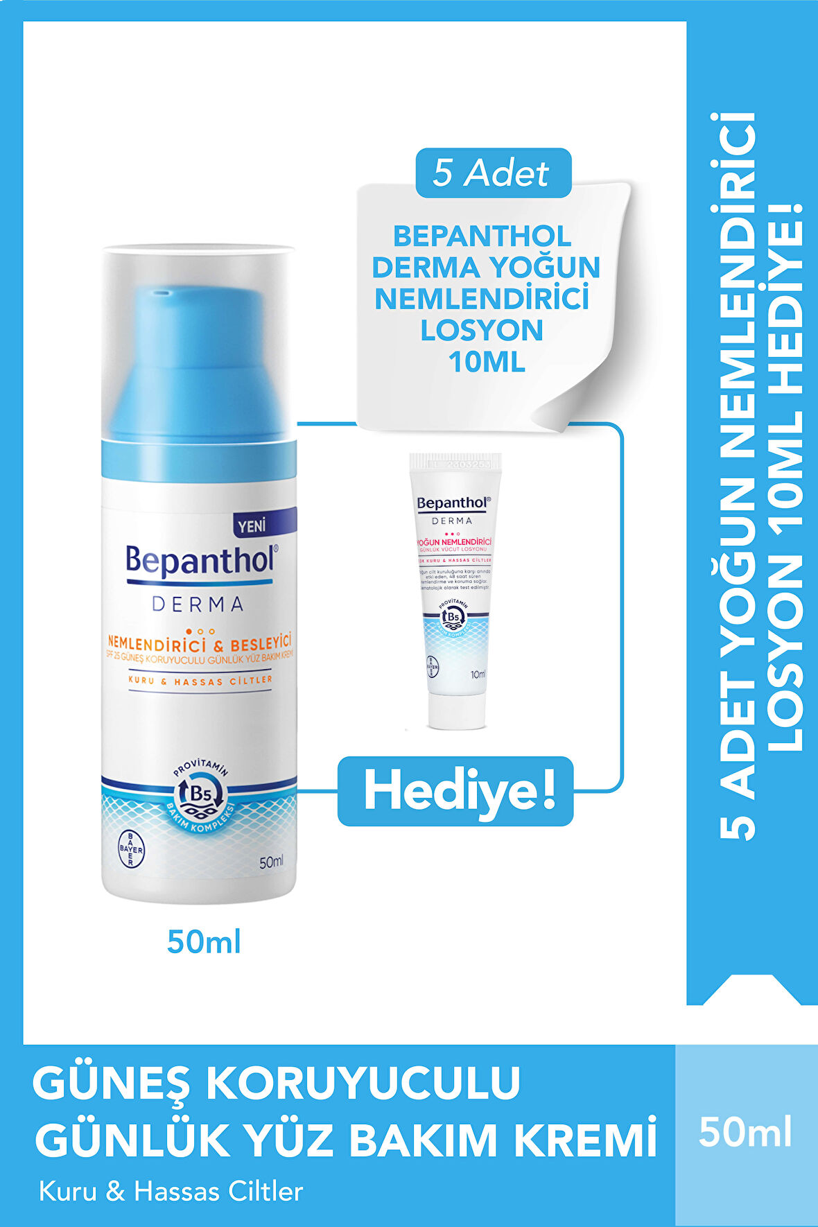 Bepanthol Derma Nemlendirici SPF25 Günlük Yüz Bakım Kremi & 5 Adet Yoğun Nemlendirici Losyon 10 ml