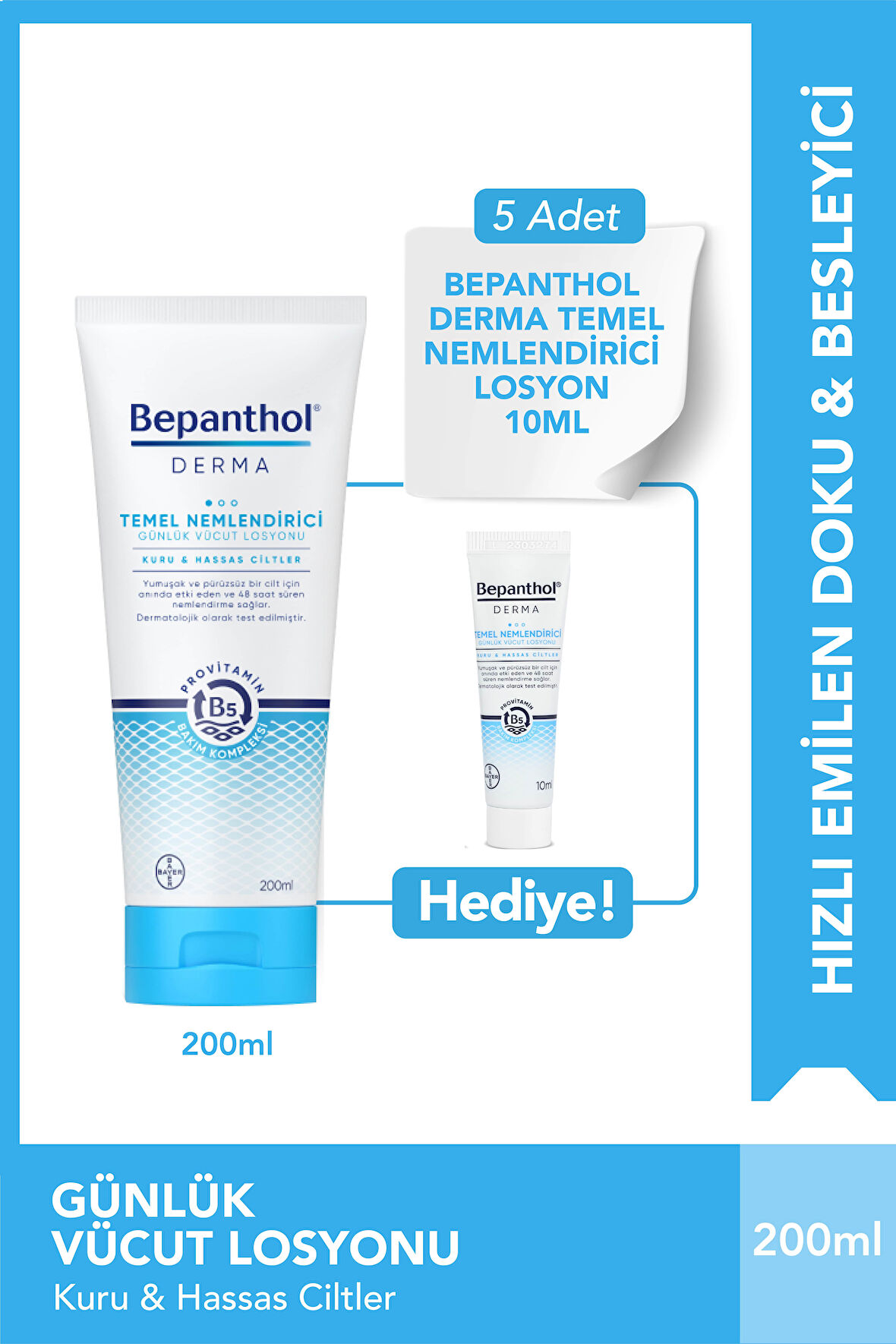 Bepanthol Derma Temel Nemlendirici 200 ml Losyon & 5 adet Temel Nemlendirici Losyon 10 ml