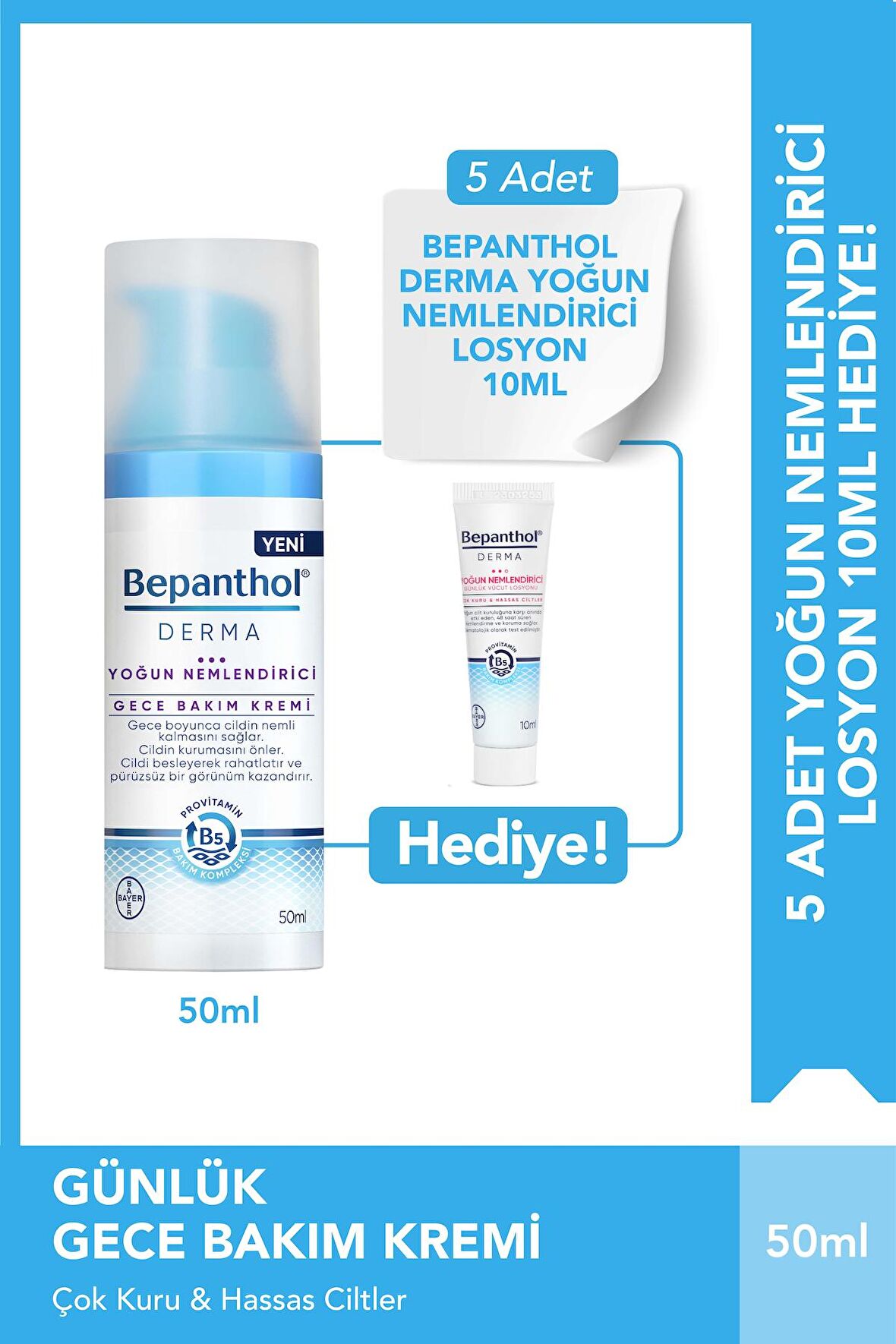 Derma Yoğun Nemlendirici Gece Yüz Bakım Kremi 50ml & 5 adet Yoğun Nemlendirici Losyon 10 ml