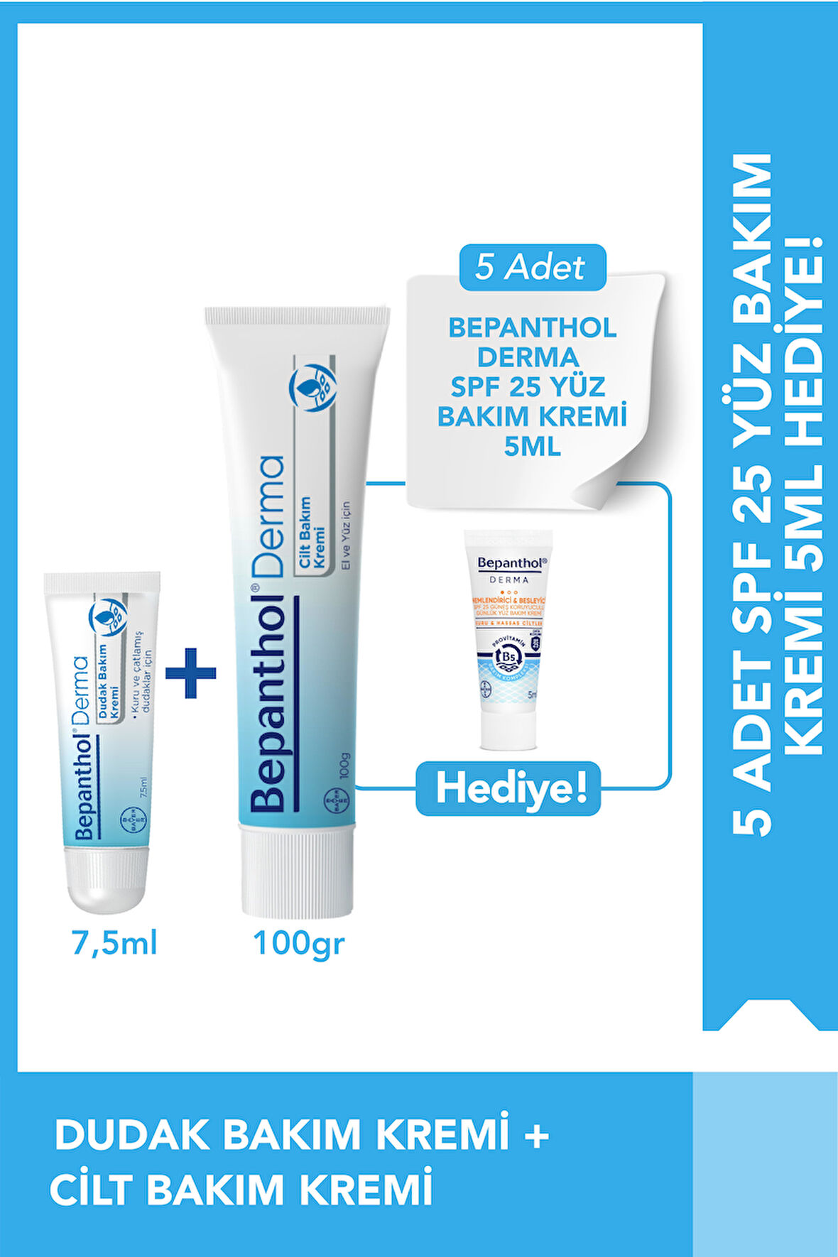 Cilt Bakım Kremi 100g + Dudak Kremi 7.5ml + SPF Mini Yüz Kremi Hediye
