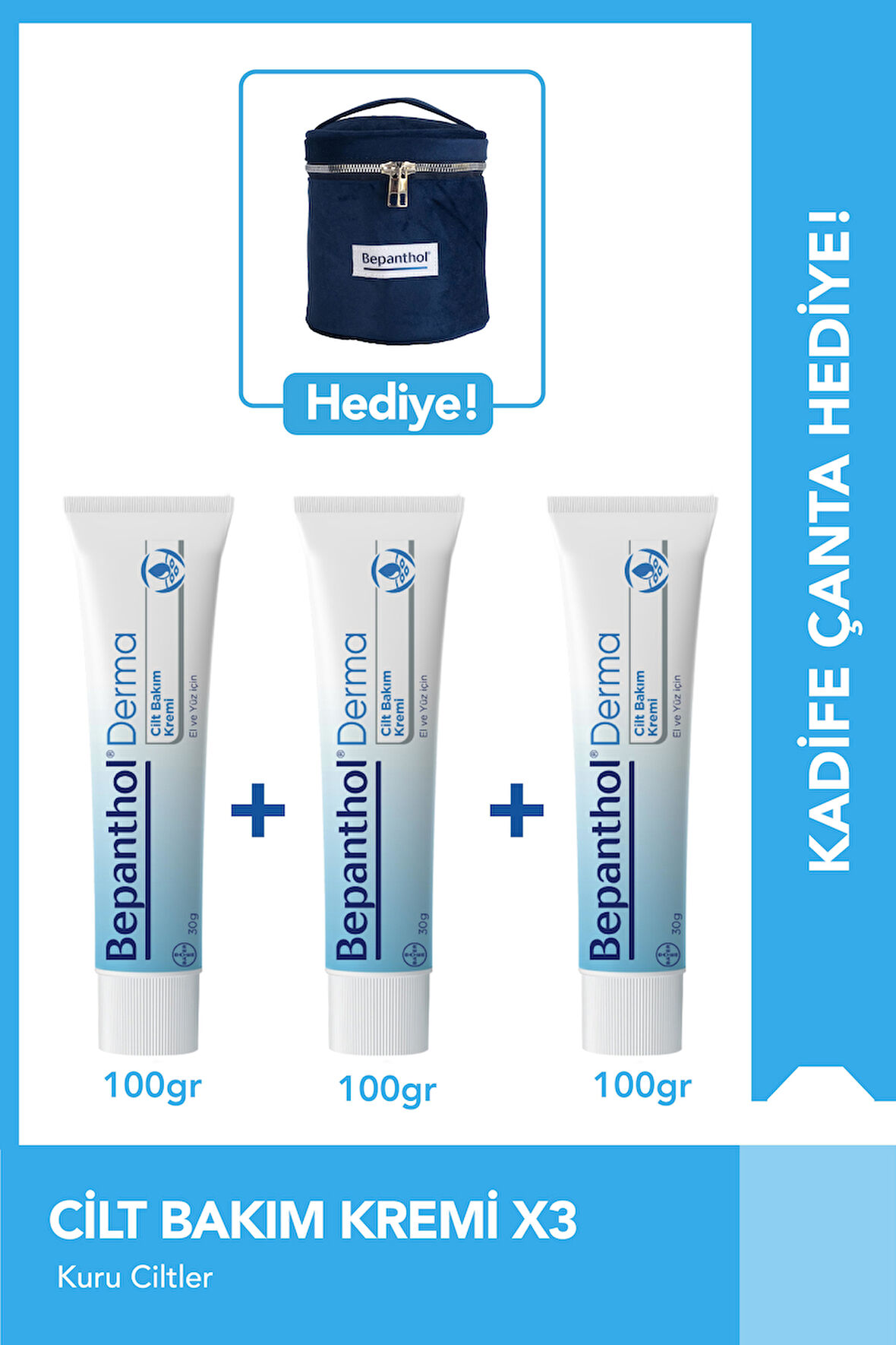 Cilt Bakım Kremi 100g 3'lü Set + Kadife Çanta Hediye