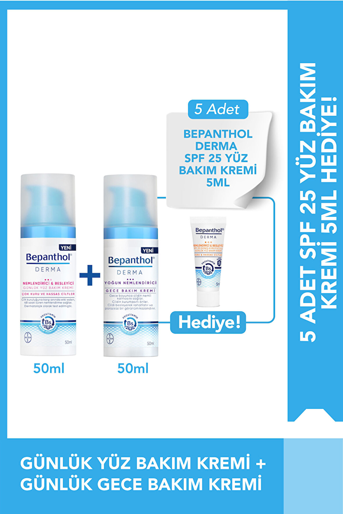 Günlük Yüz Bakım Kremi 50ml + Gece Bakım Kremi 50ml + SPF Mini Yüz Kremi Hediye