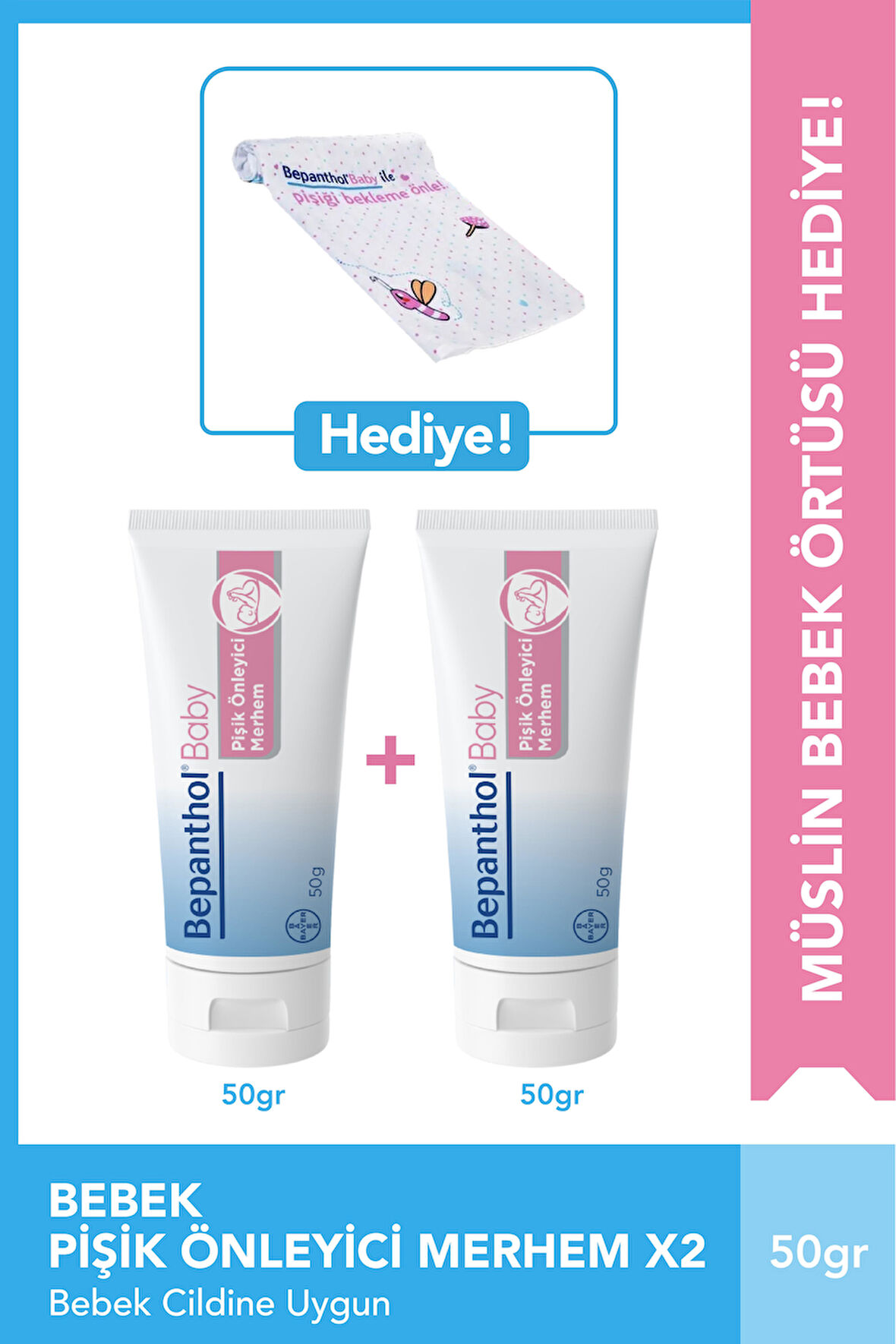 Pişik Önleyici Merhem 50g 2'li Paket + Müslin Bebek Örtüsü Hediye
