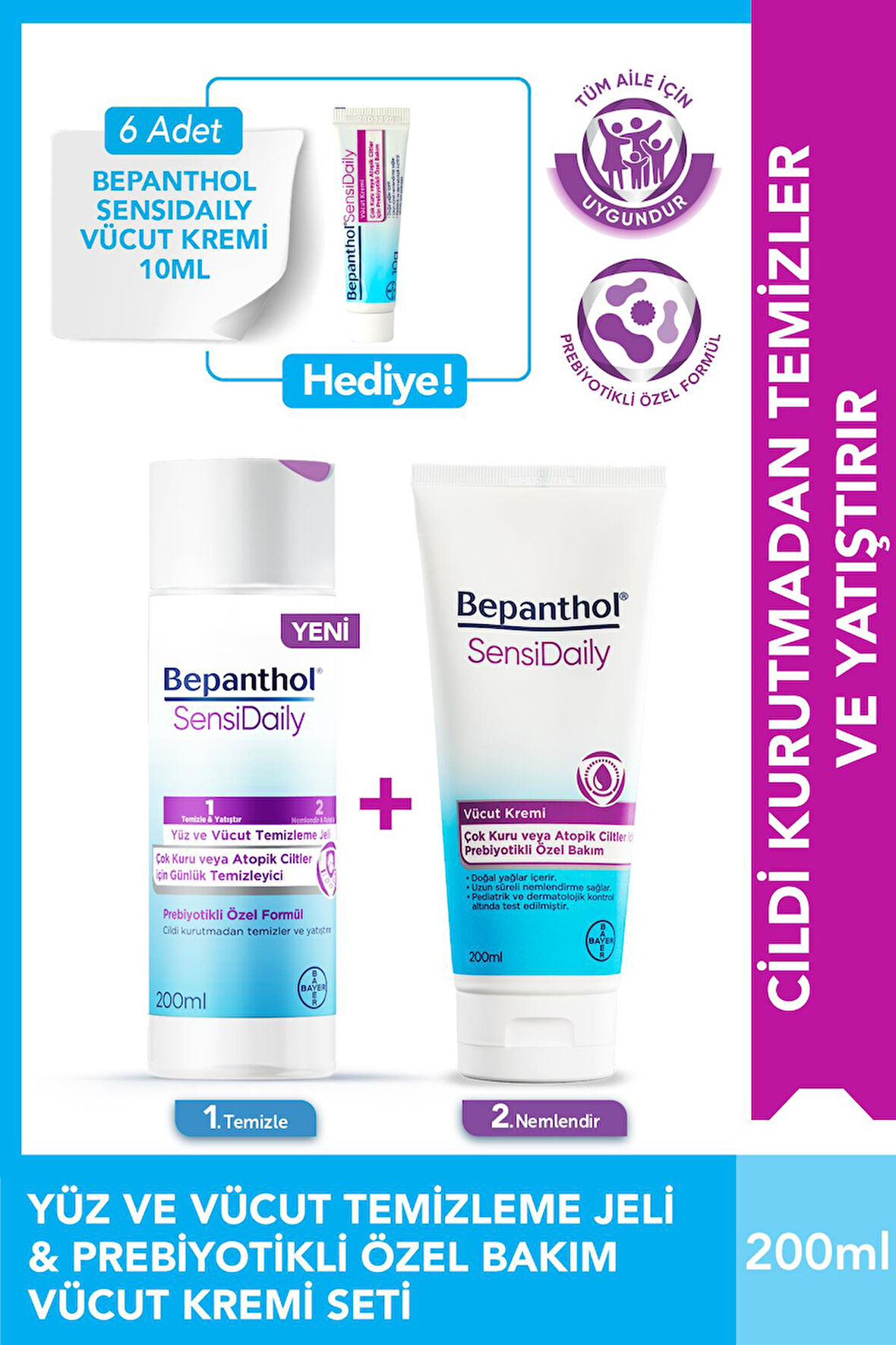 SensiWash Yüz ve Vücut Temizleme Jeli 200ml + Sensidaily 200ml + Mini Boy Hediye - Çok Kuru Atopik Ciltler, Günlük Vücut Bakım