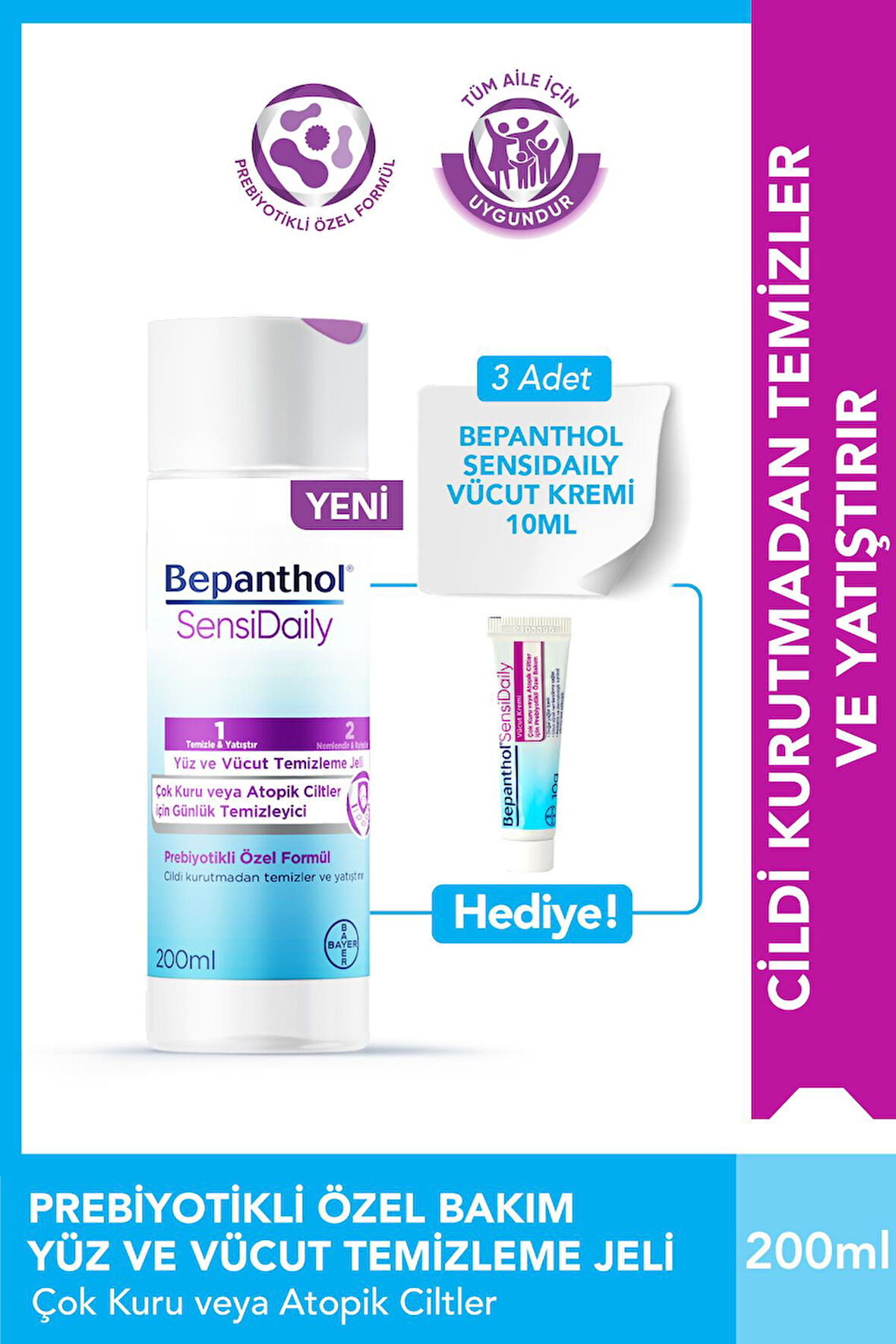 SensiWash Yüz ve Vücut Temizleme Jeli 200ml + Sensidaily Mini Boy Hediye - Çok Kuru Atopik Ciltler, Günlük Vücut Bakım