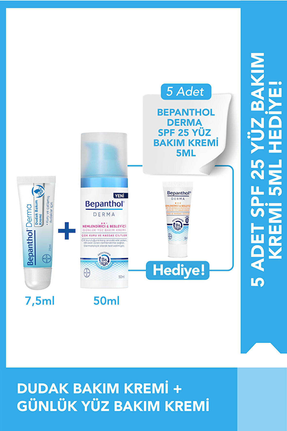 Yüz Bakım Kremi 50ml + Dudak Kremi 7.5ml + SPF Mini Yüz Kremi Hediye