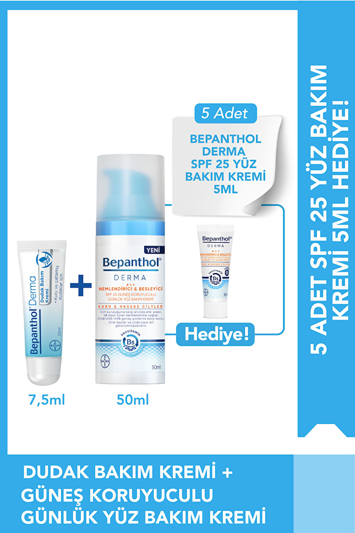 Yüz Bakım Kremi SPF 50ml + Dudak Kremi 7.5ml + SPF Mini Yüz Kremi Hediye