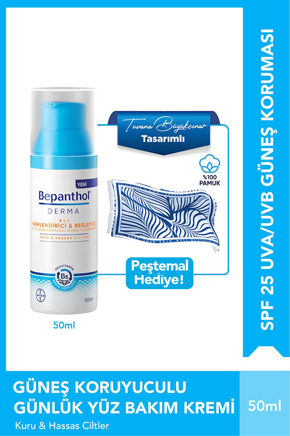 Nemlendirici SPF25 Yüz Bakım Kremi 50ml + Tuvana Büyükçınar Tasarımlı Peştamal Hediye
