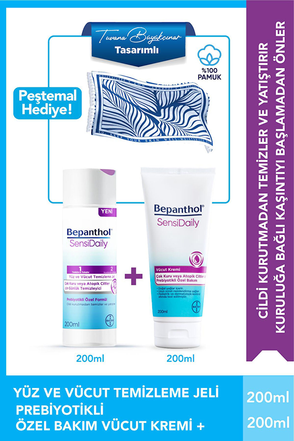 SensiWash Yüz ve Vücut Temizleme Jeli 200ml + Sensidaily 200ml + Tuvana Büyükçınar Tasarımlı Peştamal Hediye