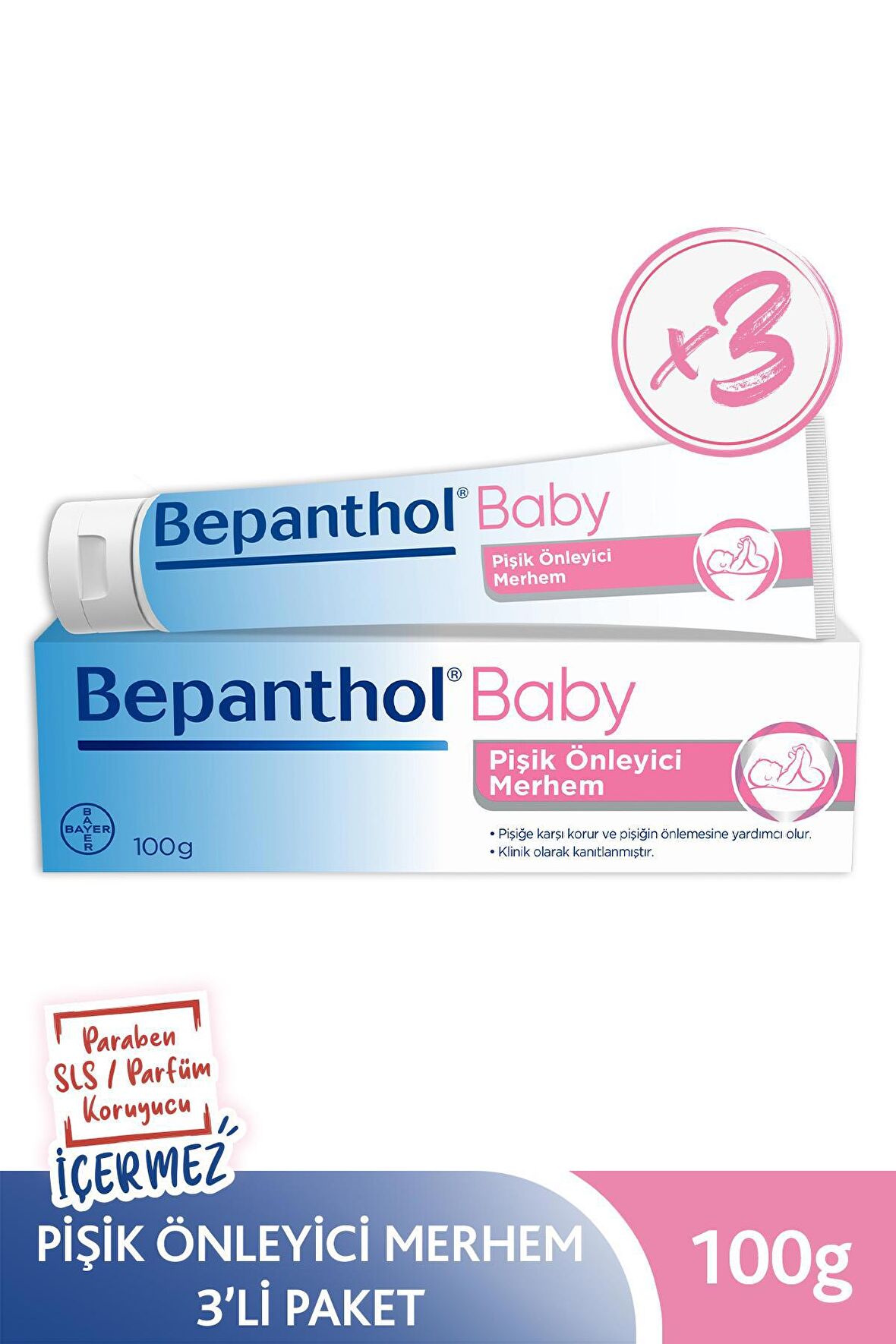 Bepanthol Baby Pişik Önleyici Merhem 100 gr 3lü Paket l Parapen, SLS, Parfüm, Koruyucu İçermez