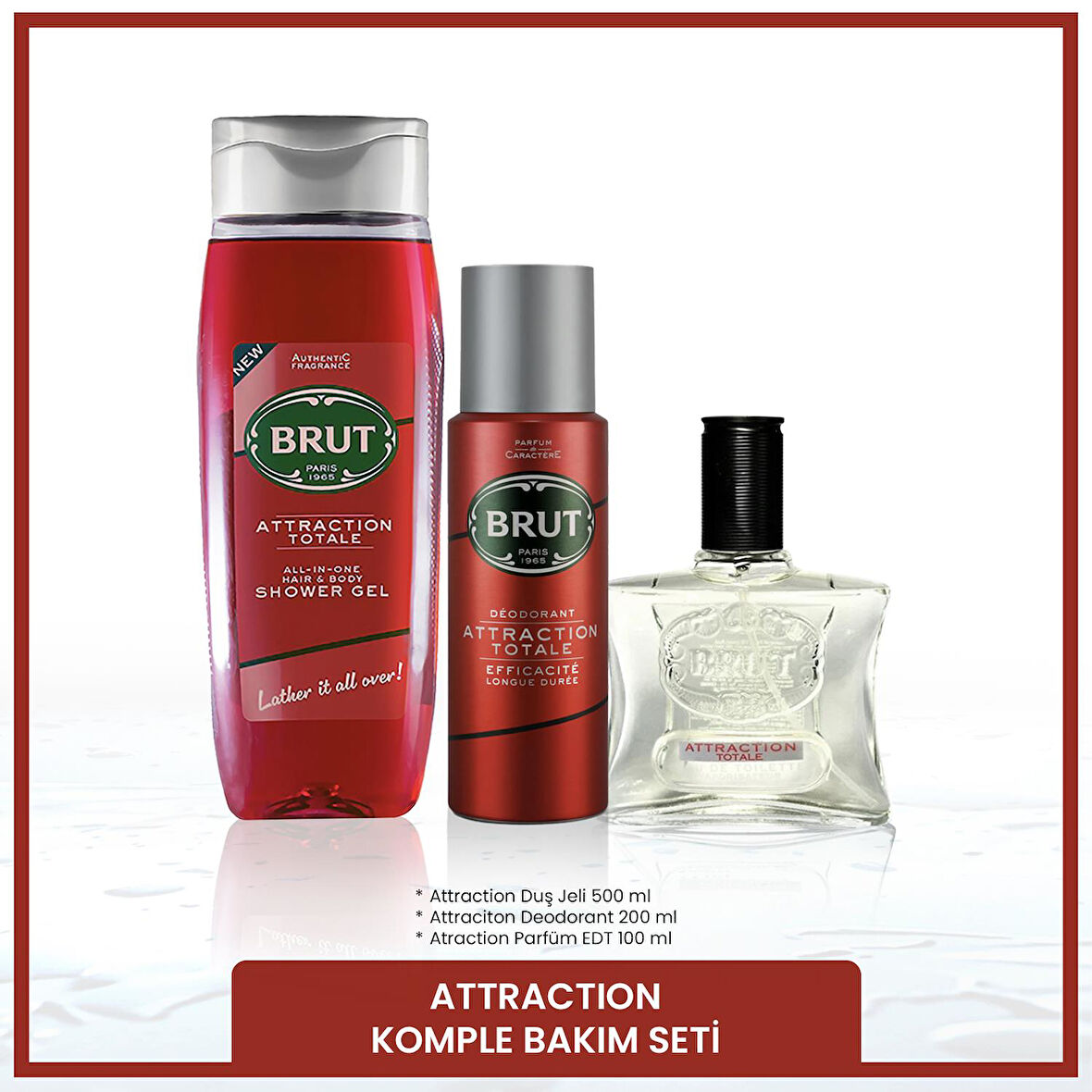 Attraction Erkek Bakım Seti Parfüm EDT 100 ml, Deodorant 200 ml, Duş Jeli 500 ml