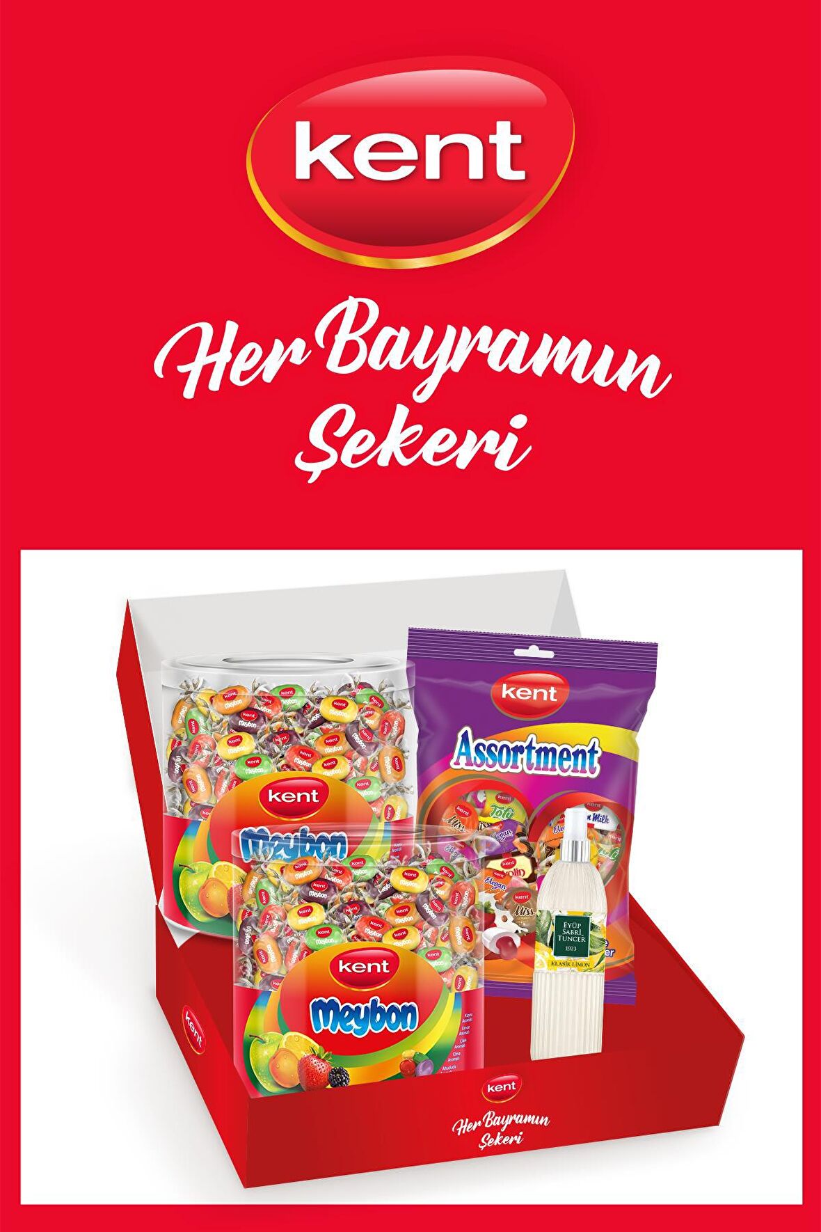 Kent Assortment & Meybon Mini Meyveli Karışık Bayram Şekeri 3'lü - Eyüp Sabri Tuncer Kolonya Hediyeli Paket 1