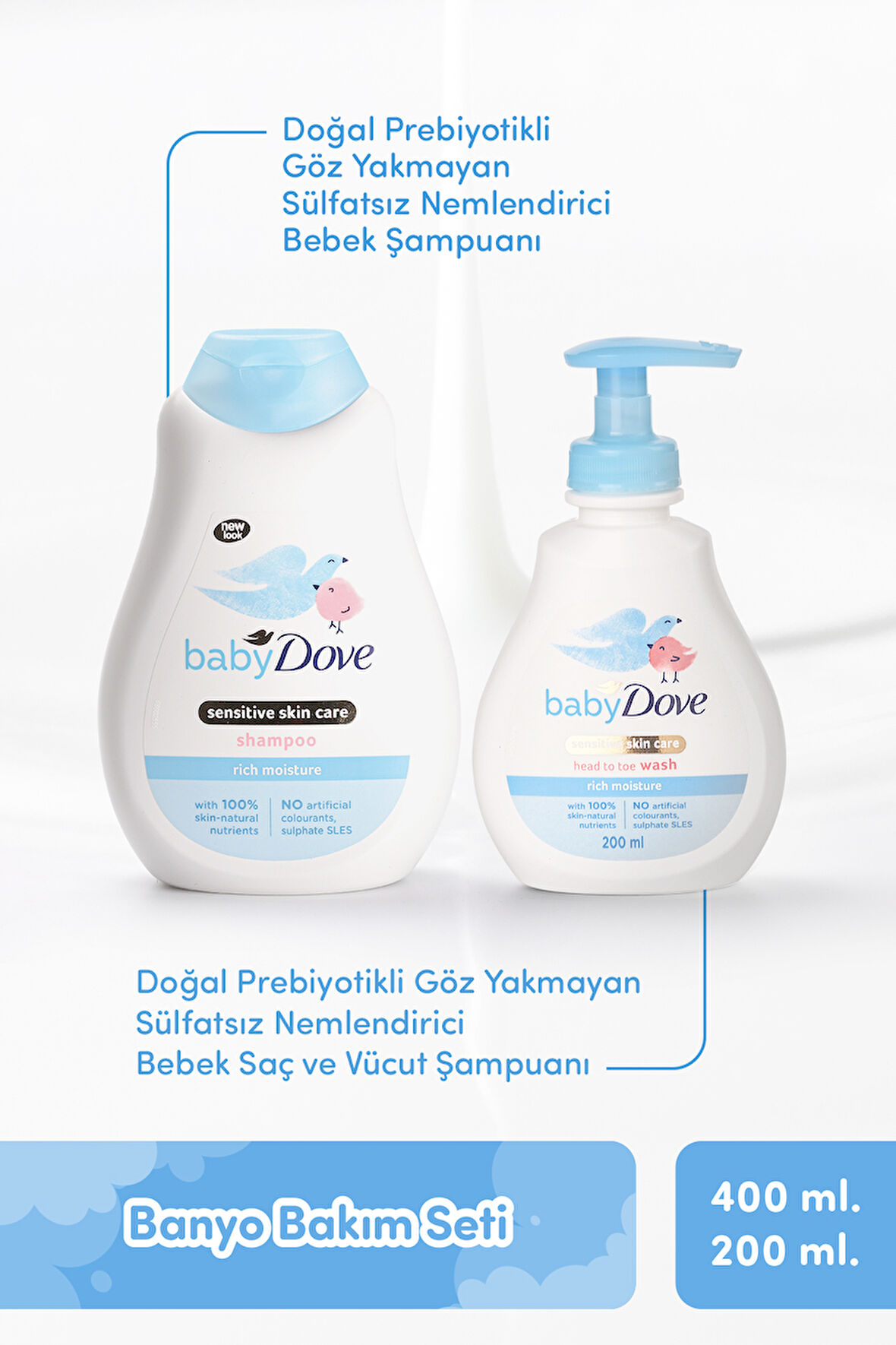 Doğal  Prebiyotikli Şampuan 400 ml & Saç ve Vücut Şampuanı 200 ml Bebek Banyo Bakım Seti